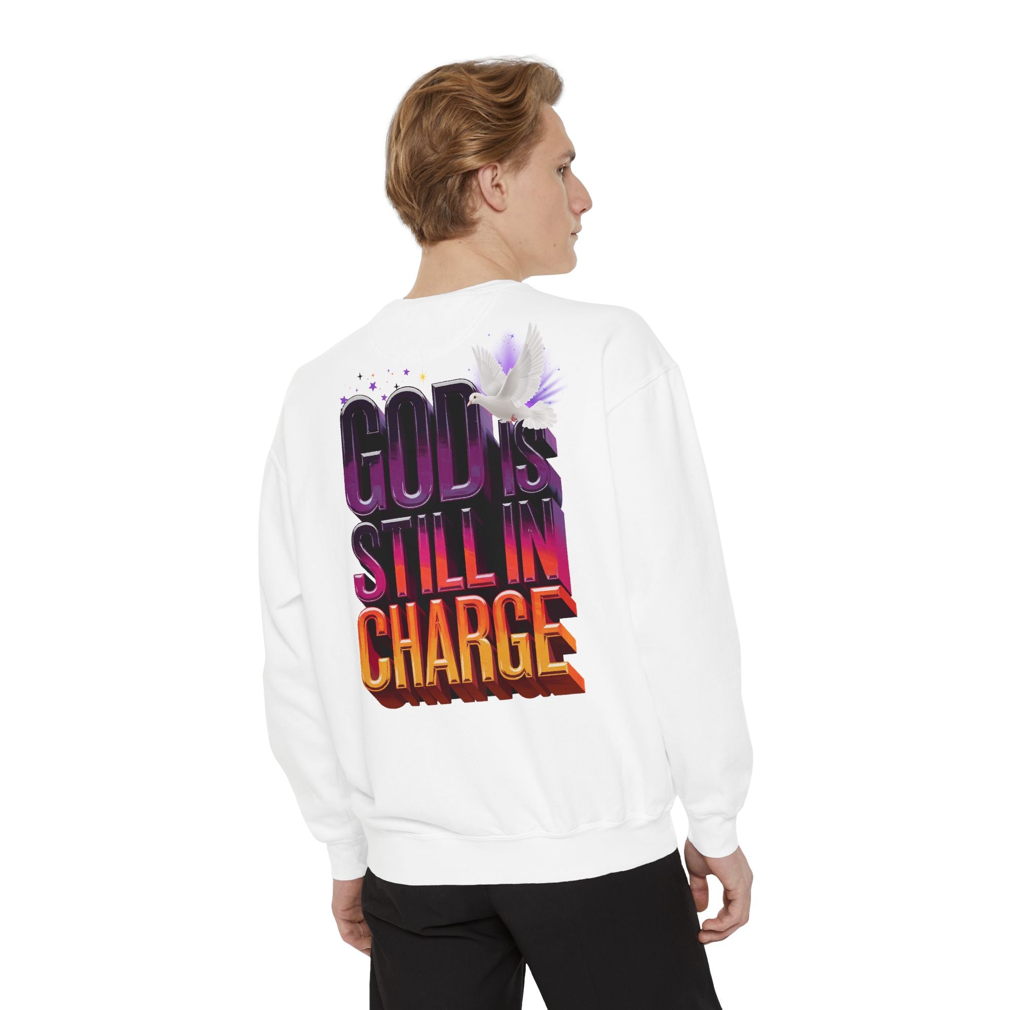 Unisex Garment-Dyed Sweatshirt - "God is Still in Charge" Inspirational Pullover - Angel Body