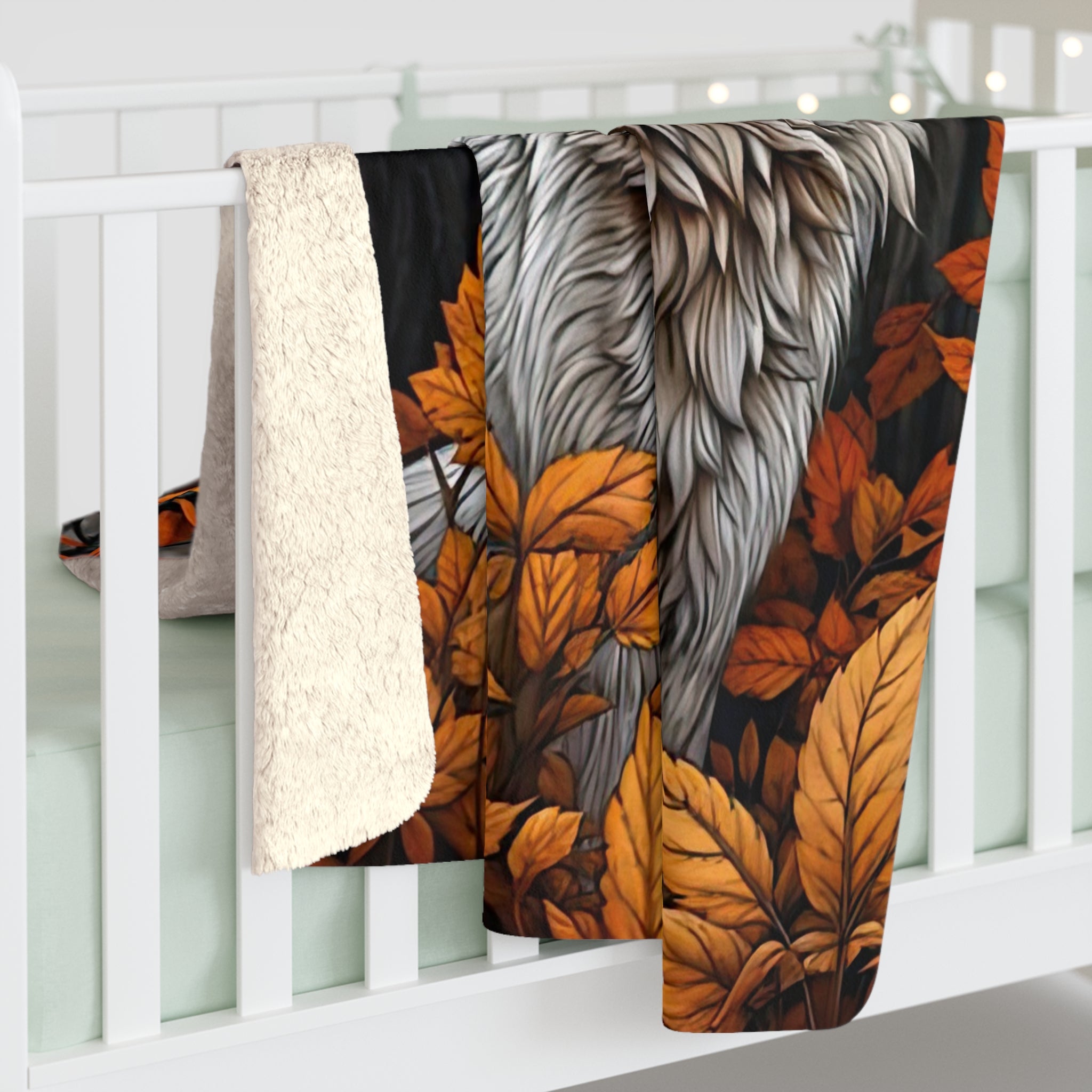 Cozy Wilderness Sherpa Fleece Blanket - Autumn Leaves & Wolf Design - Angel Body