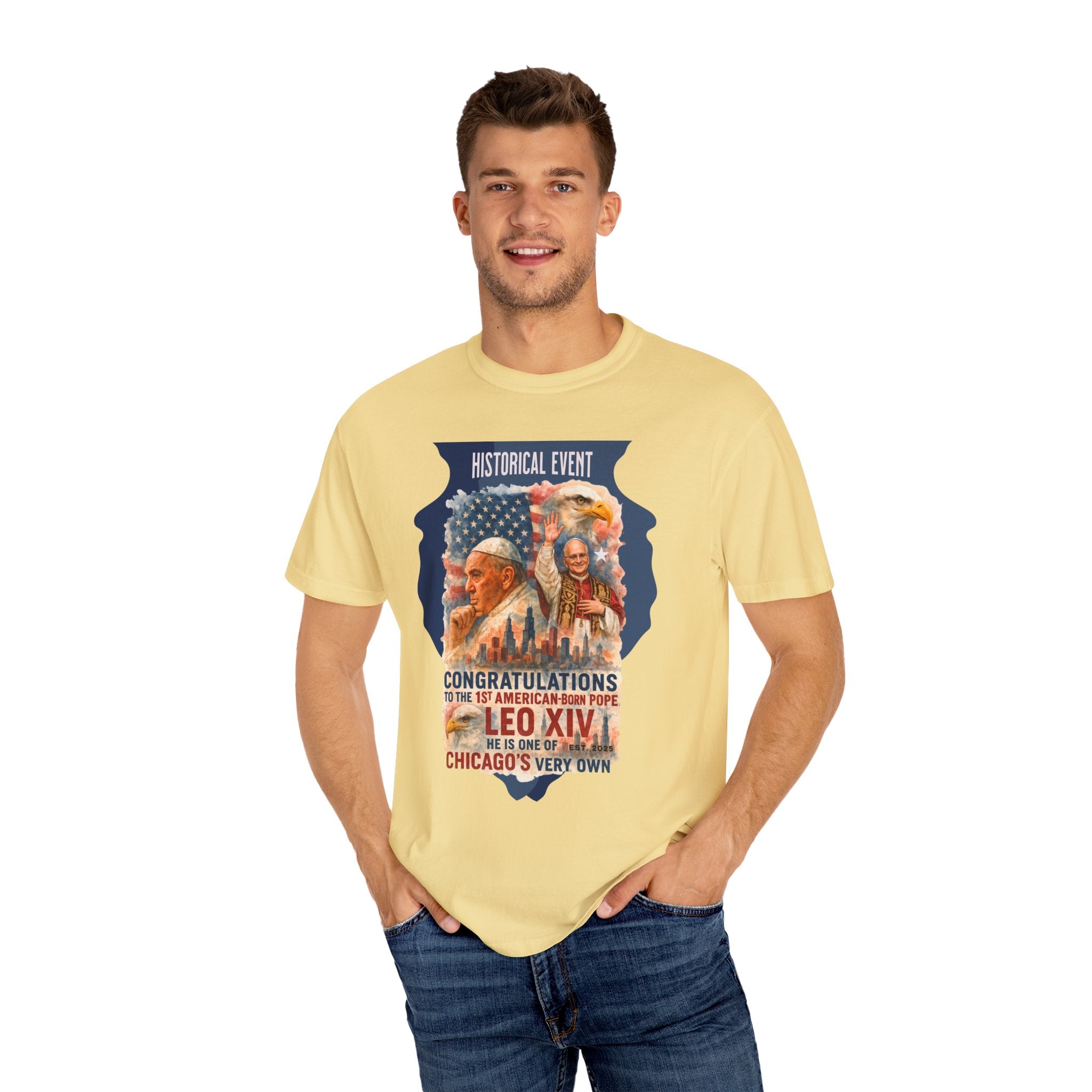 Historical Event T-Shirt - Congratulations to Leo XIV, Chicago's Own - Unisex Garment-Dyed Tee - Angel Body