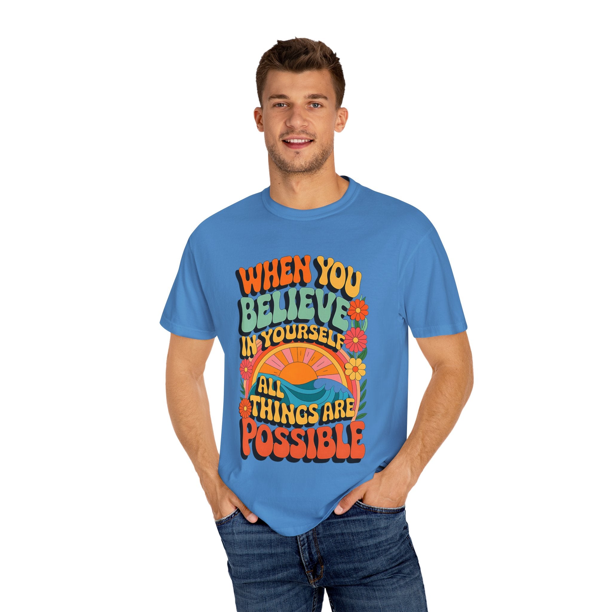 Motivational Unisex Garment-Dyed T-Shirt - 'Believe in Yourself' Design - Angel Body