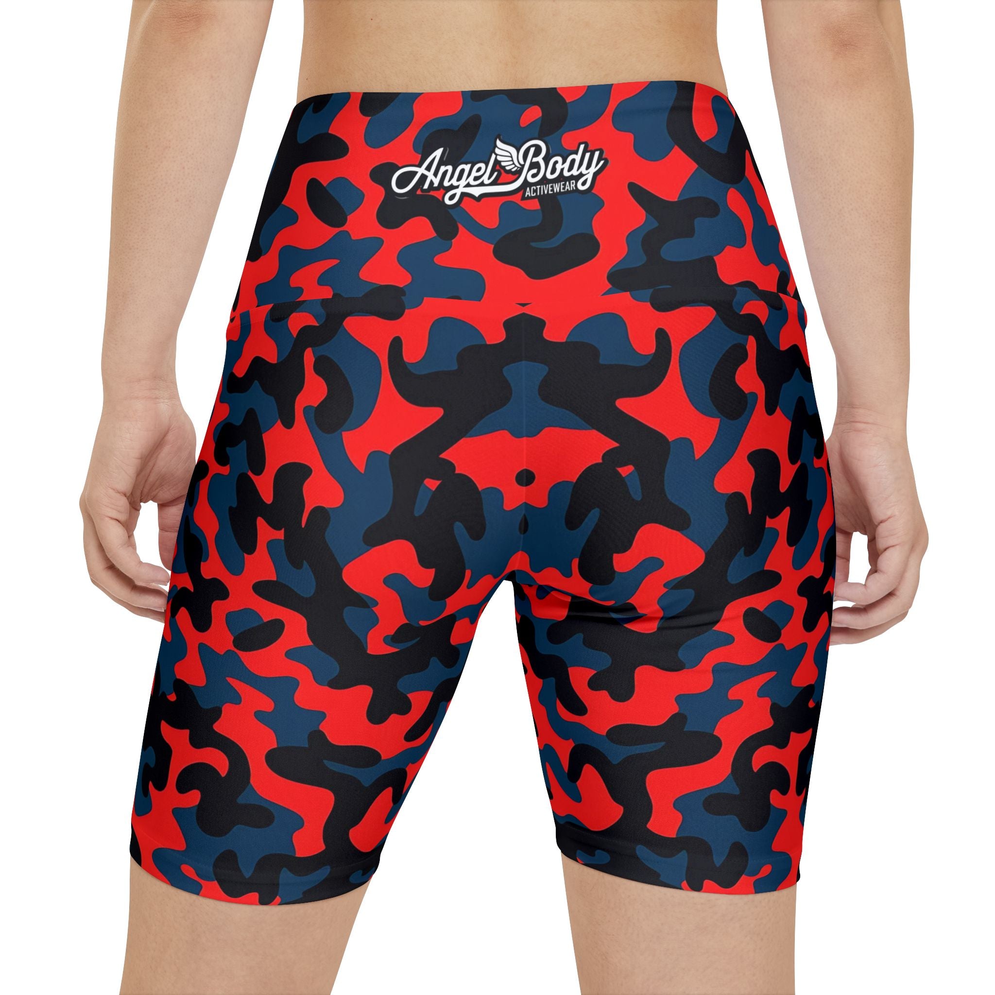 Angelic Energy Women's Workout Shorts - Red and Blue Camo Fitness Gear - Angel Body