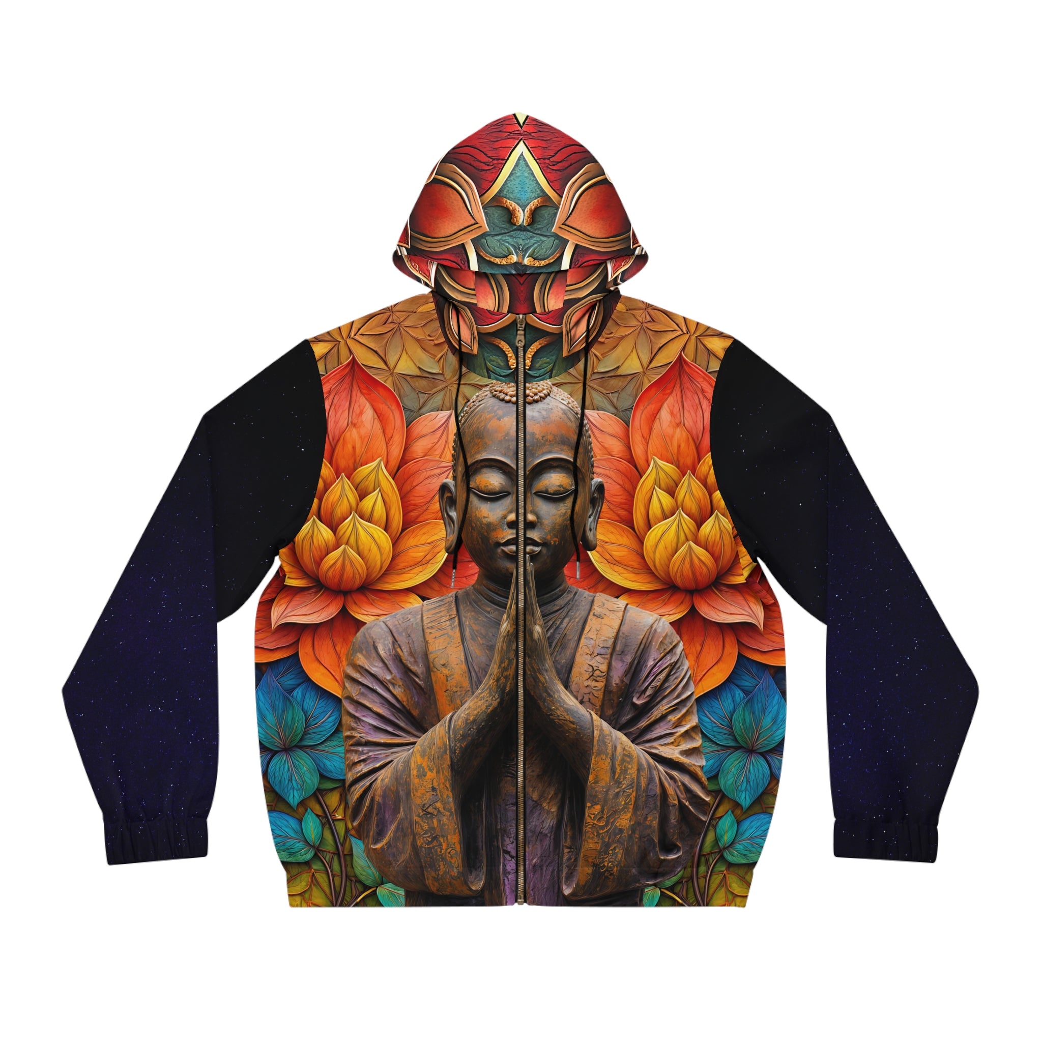 Men's Full-Zip Hoodie - Serene Buddha Floral Design - Angel Body