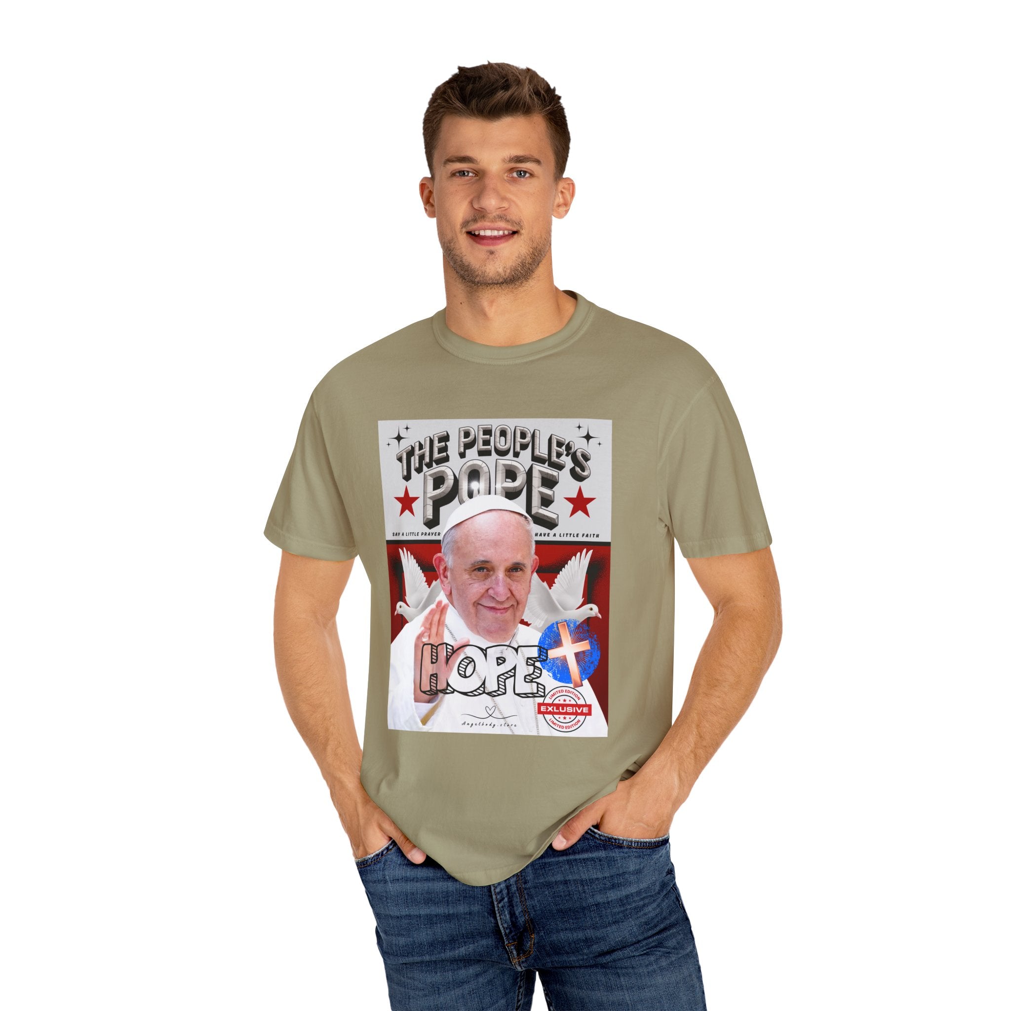 Hope-Filled Unisex Garment-Dyed T-Shirt featuring Pope Francis - Angel Body