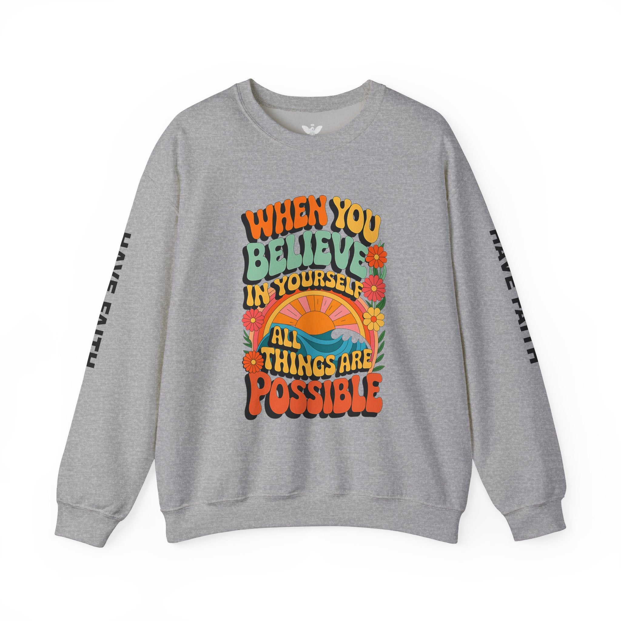 Inspirational Crewneck Sweatshirt - "Believe in Yourself" - Unisex Heavy Blend™ - Angel Body