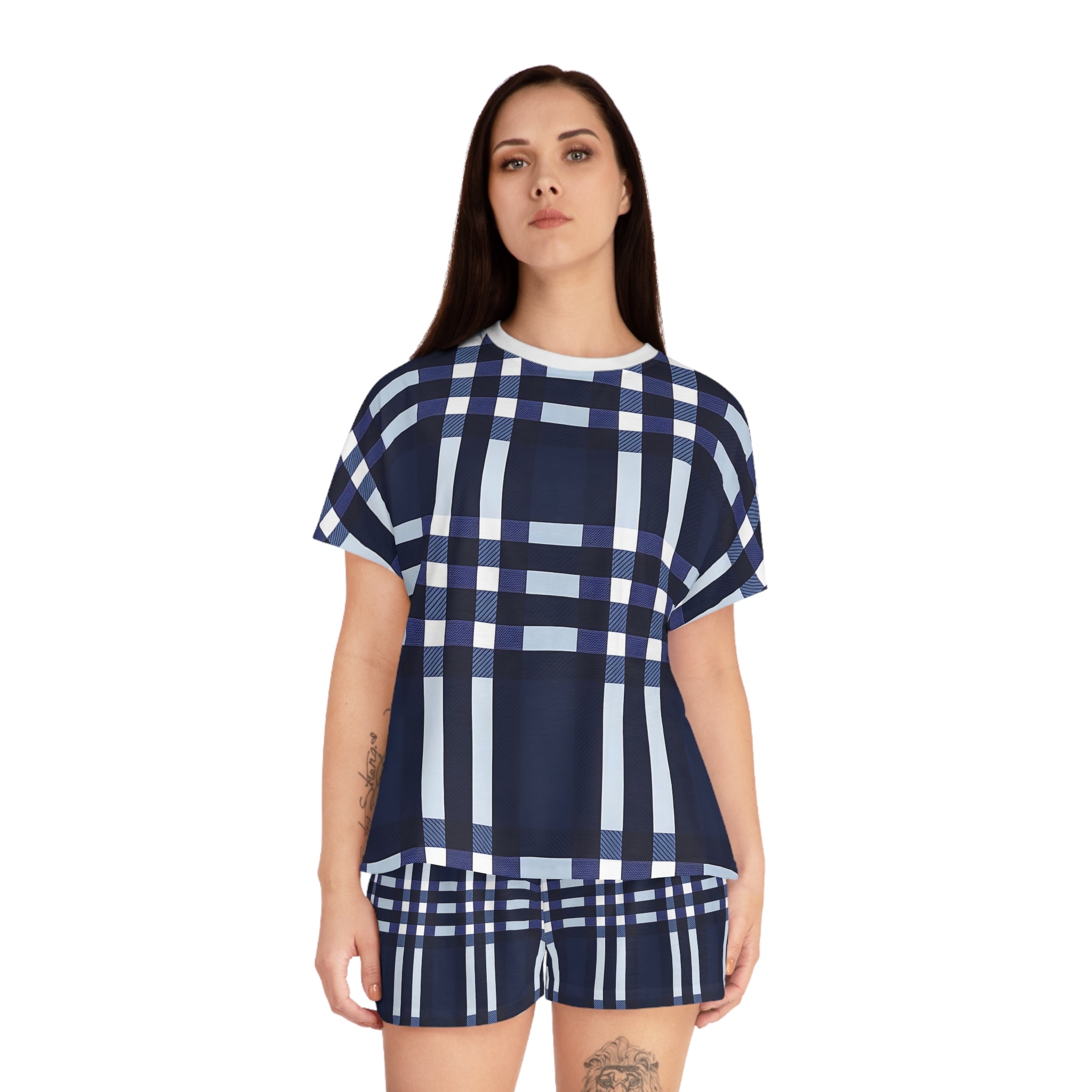 Cozy Women's Short Pajama Set - Navy Blue Plaid for Relaxing Nights - Angel Body