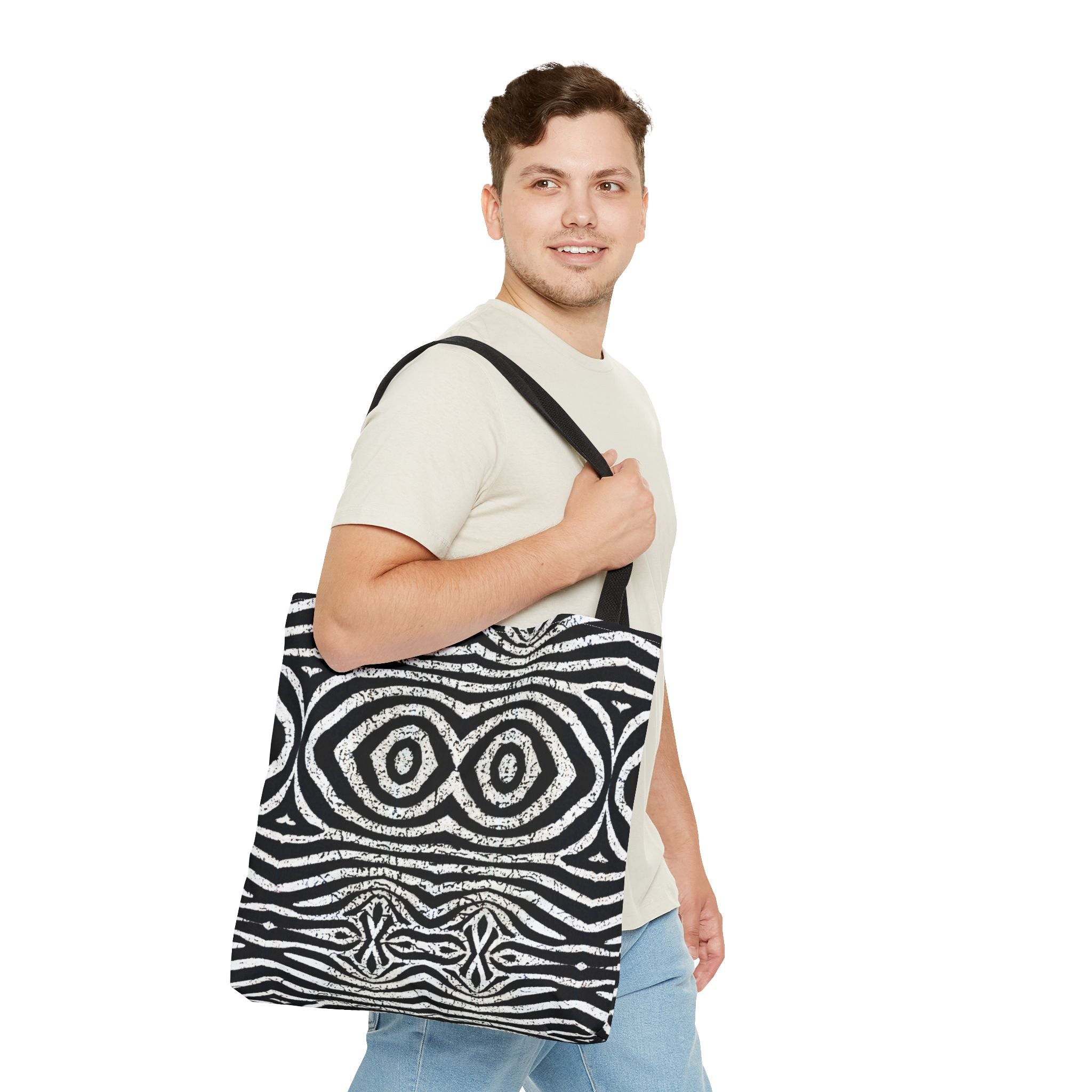 Trendy Black and White Tote Bag with Abstract Pattern | Stylish and Versatile Carryall - Angel Body