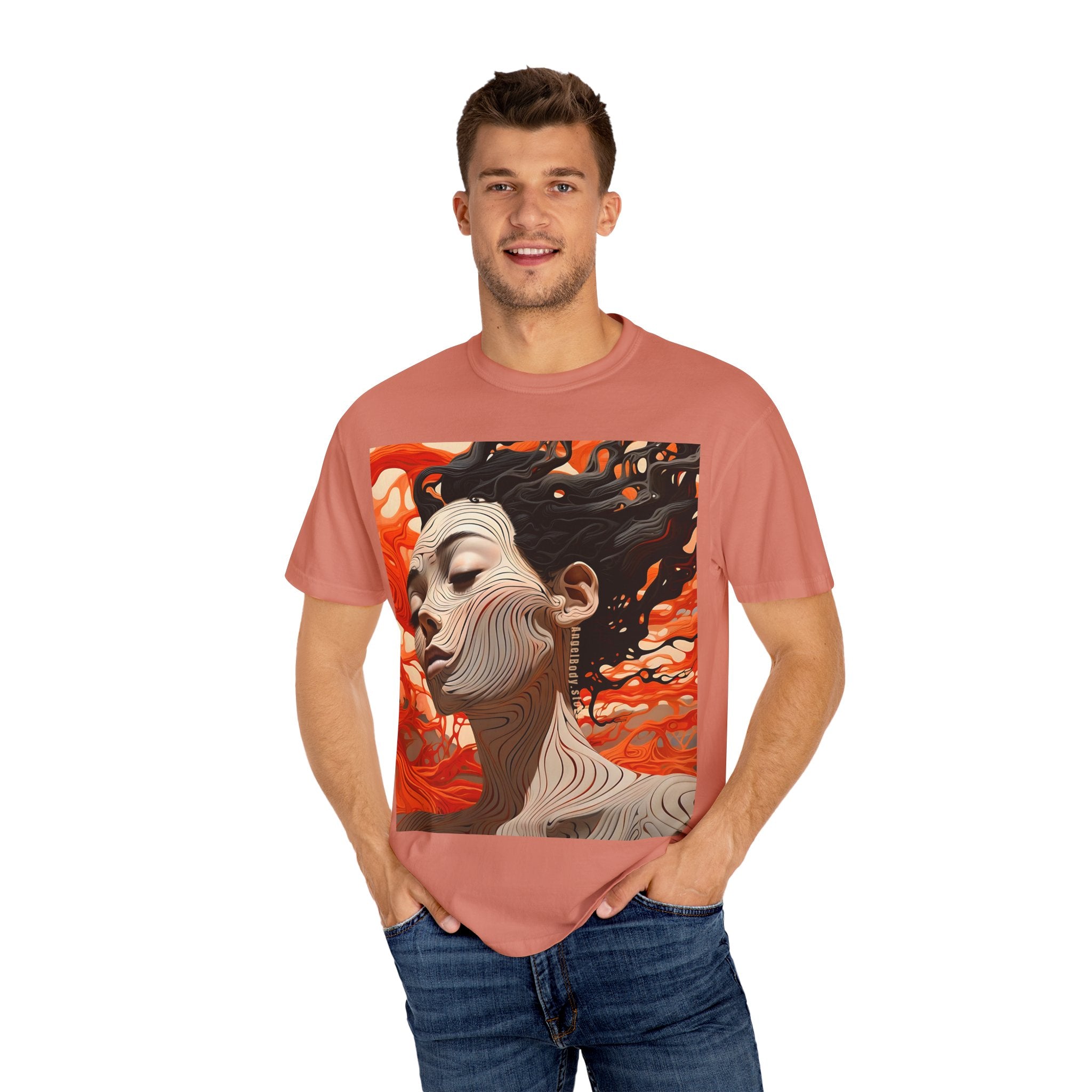 Artistic Unisex Garment-Dyed T-Shirt with Abstract female face Profile Design - Angel Body