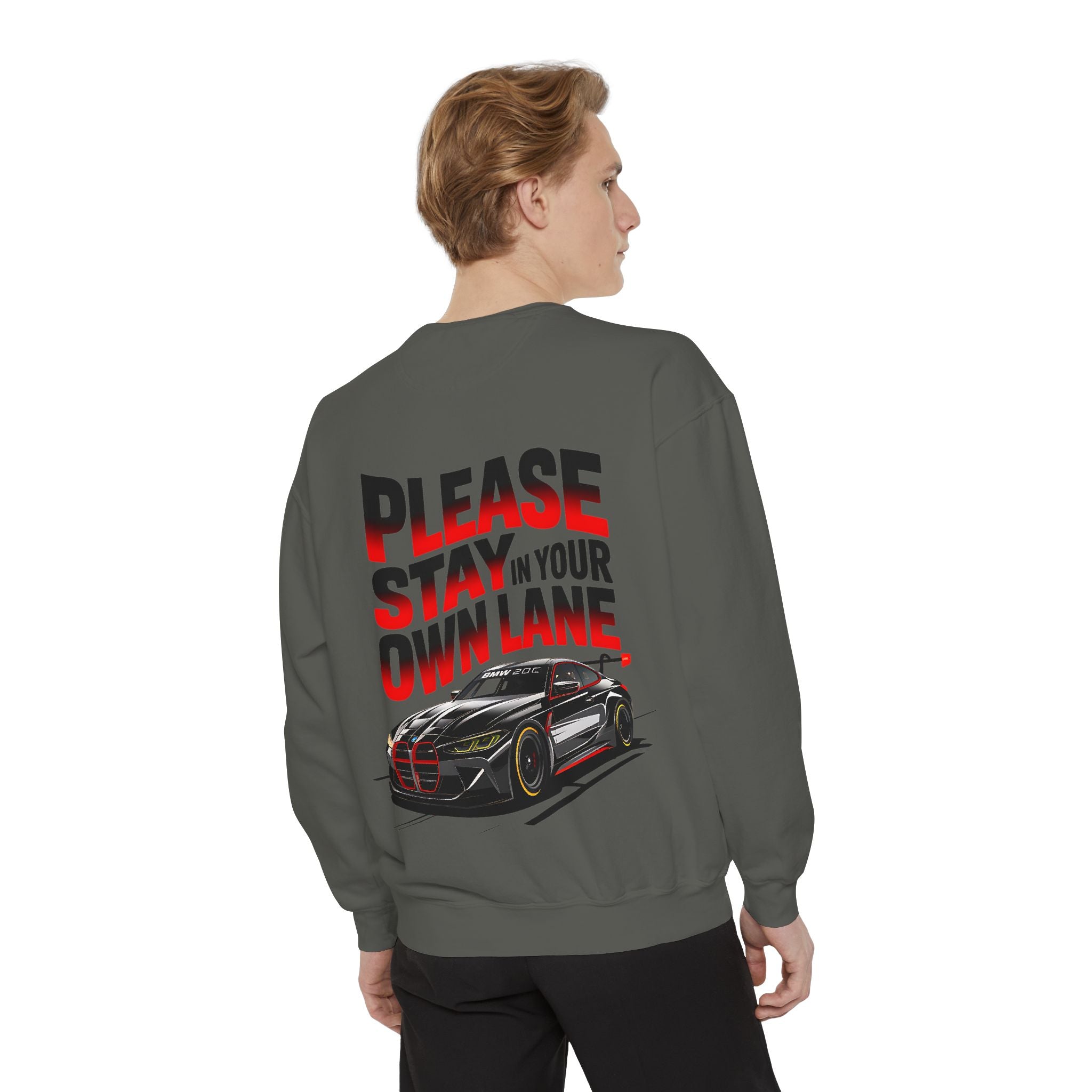Unisex Garment-Dyed Sweatshirt - 'Please Stay In Your Own Lane' Racing Design - Angel Body
