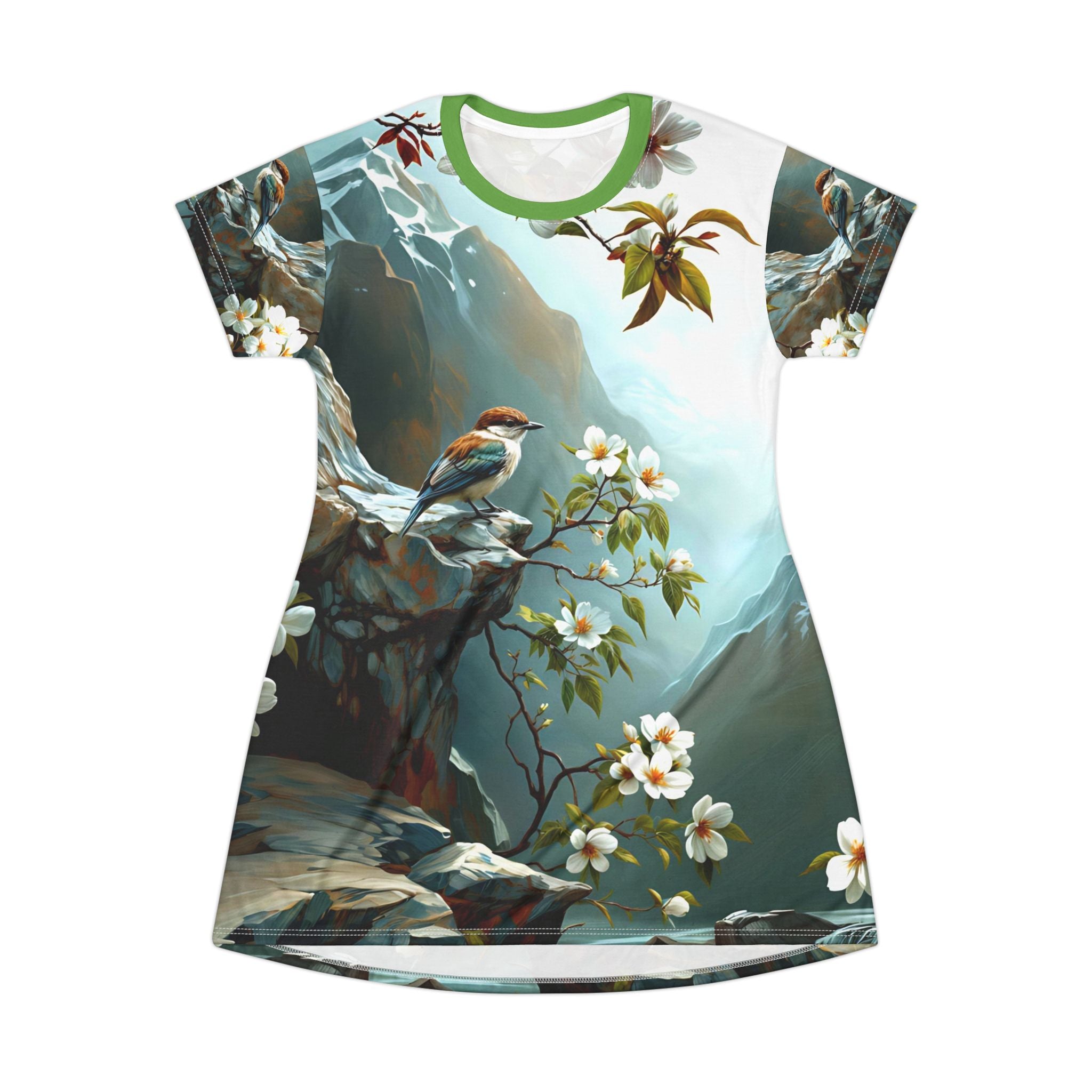 Woman's Nature-Inspired T-Shirt Dress with Floral and Bird Design - Angel Body