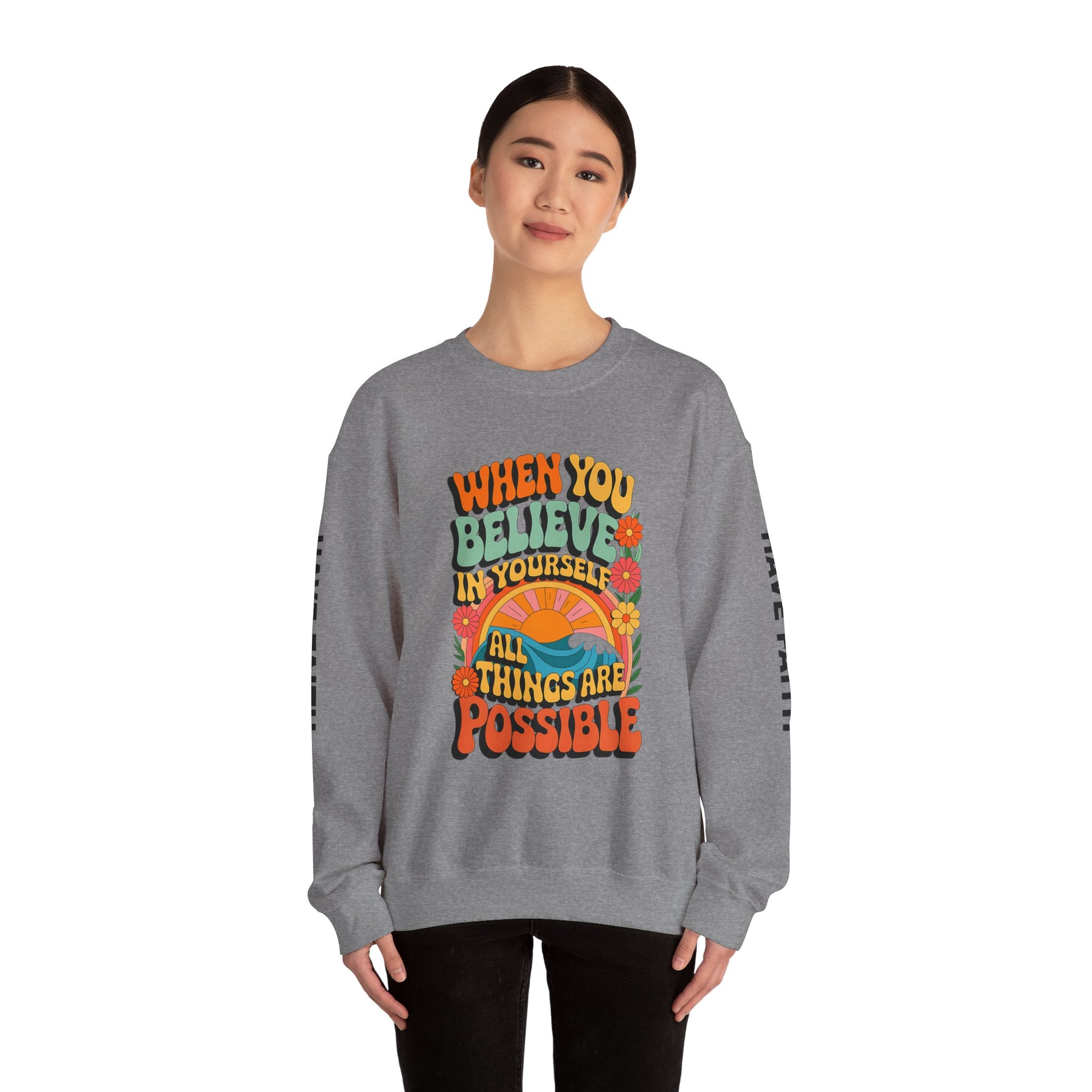 Inspirational Crewneck Sweatshirt - "Believe in Yourself" - Unisex Heavy Blend™ - Angel Body