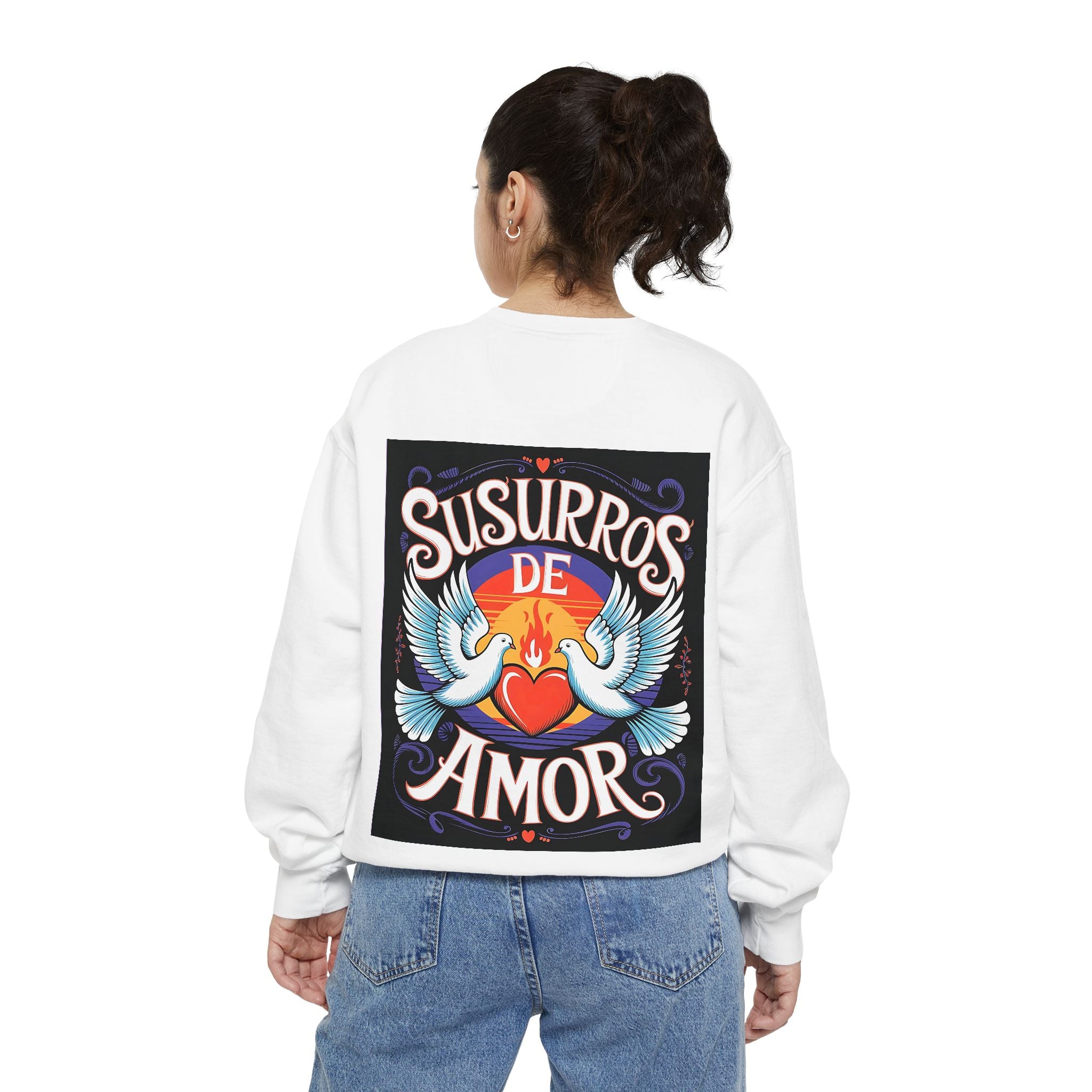 Unisex Love-Themed Garment-Dyed Sweatshirt - 'Susurros de Amor' - Angel Body