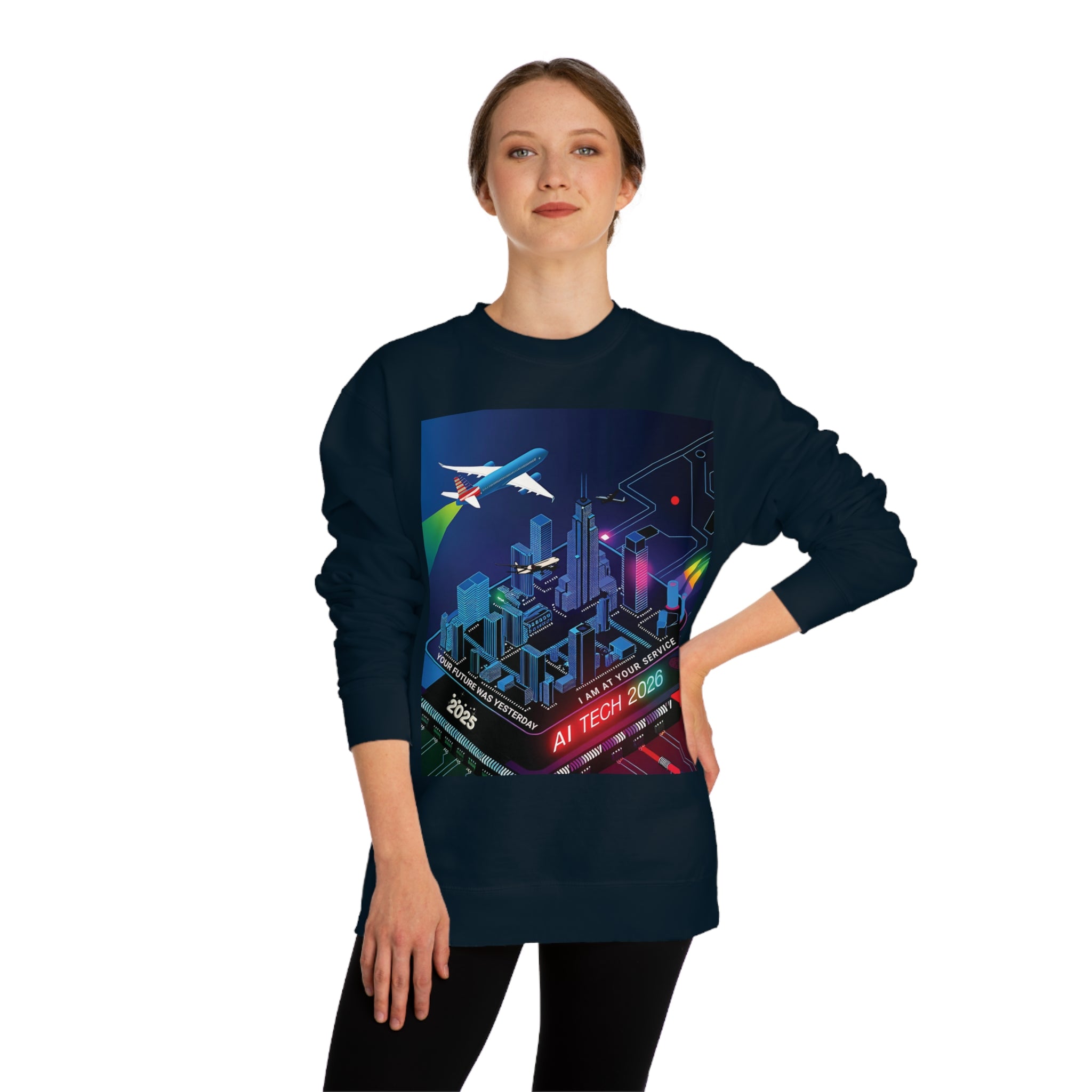 AI Tech 2026 Unisex Crew Neck Sweatshirt - Futuristic Cityscape Design for Tech Enthusiasts - Angel Body