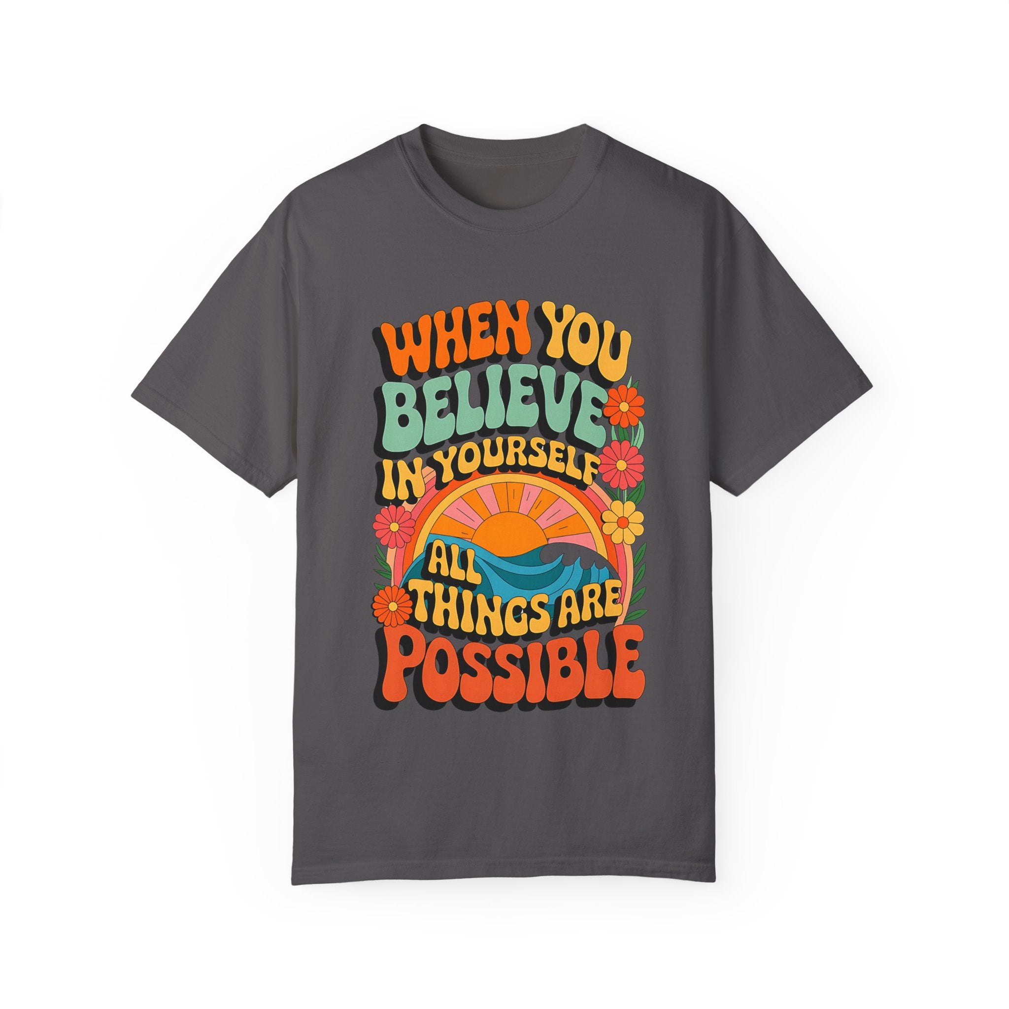 Motivational Unisex Garment-Dyed T-Shirt - 'Believe in Yourself' Design - Angel Body