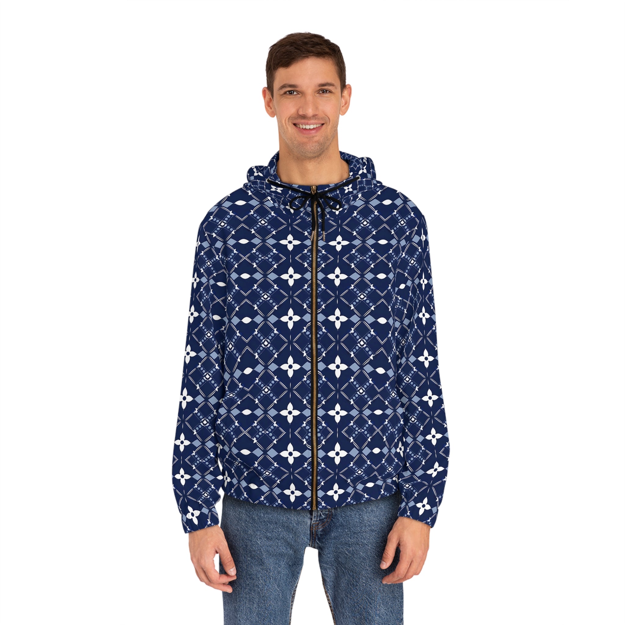 Navy Blue Geometric Pattern Full-Zip Hoodie - Comfortable & Stylish for Men - Angel Body