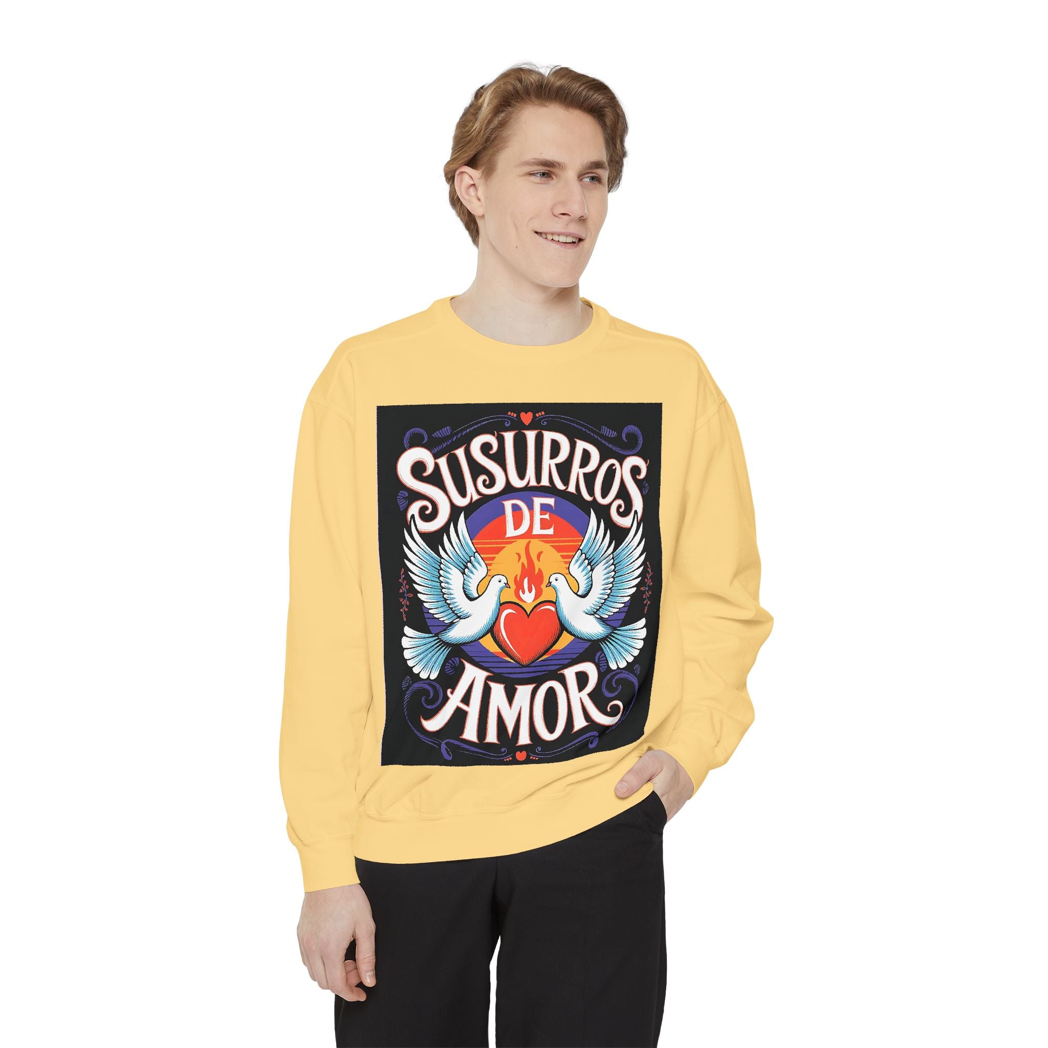 Unisex Love-Themed Garment-Dyed Sweatshirt - 'Susurros de Amor' - Angel Body