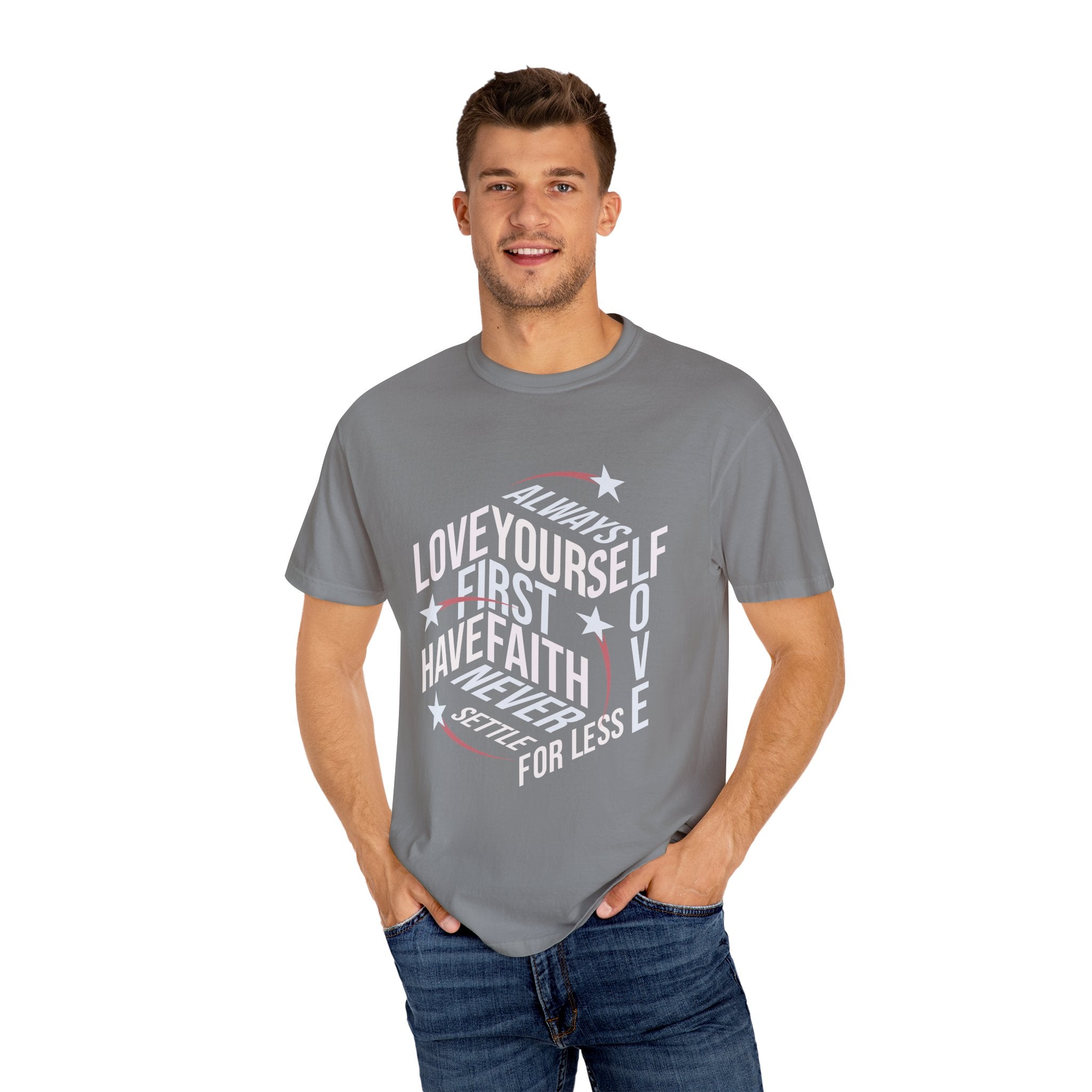 Motivational Unisex Garment-Dyed T-Shirt - "Love Yourself First" - Angel Body