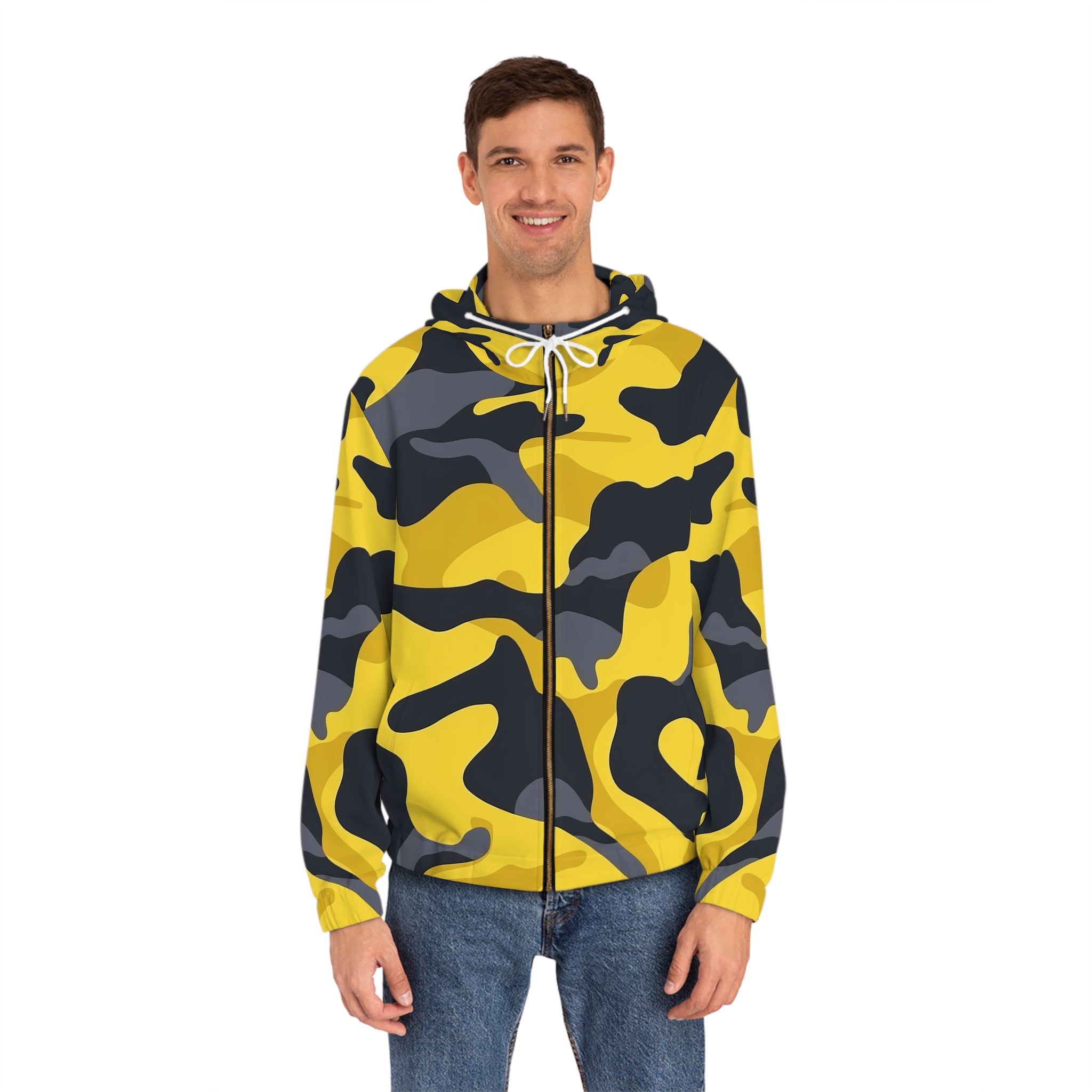 Men's Full-Zip Camo Hoodie - Bold Yellow Camo Design for Outdoor Adventures - Angel Body