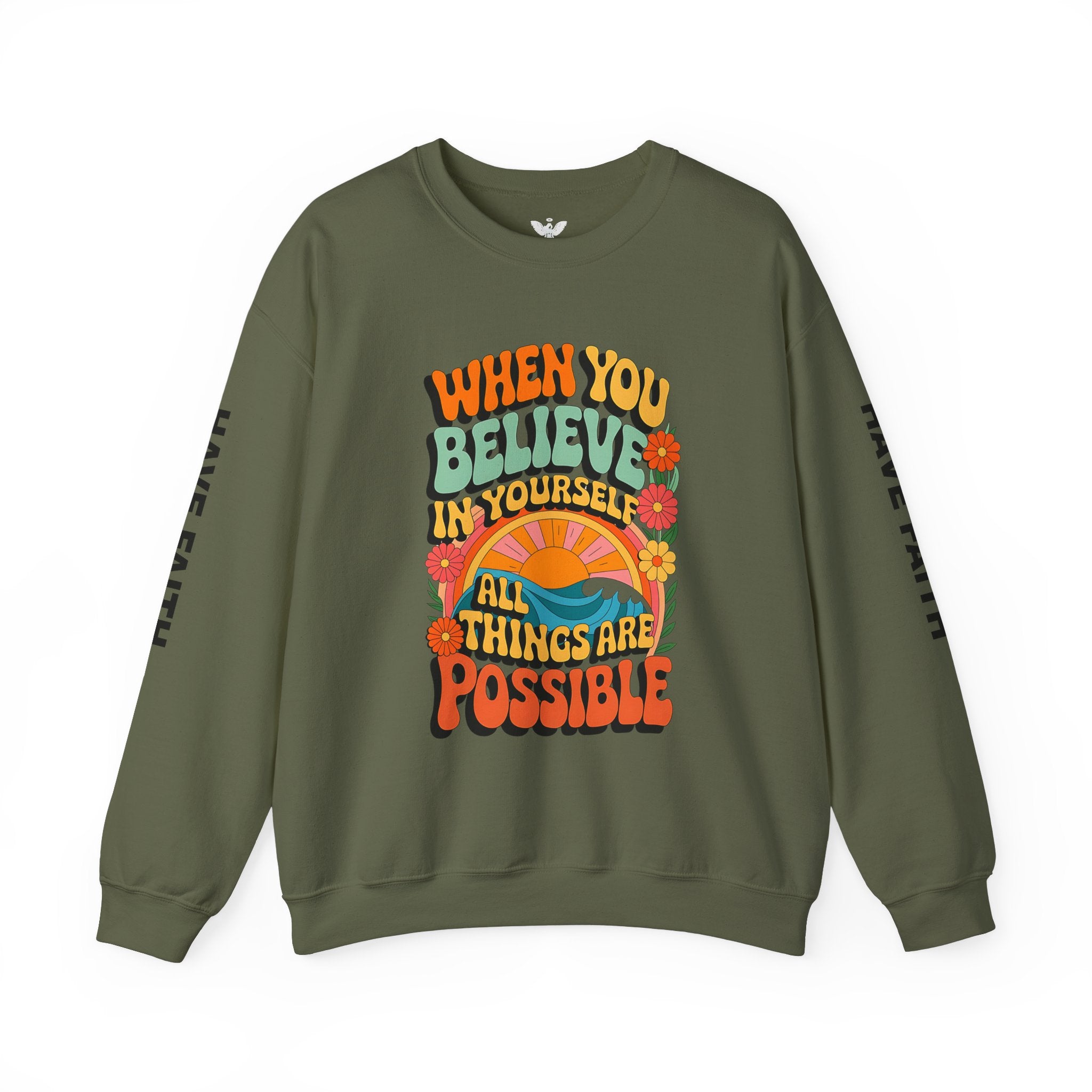 Inspirational Crewneck Sweatshirt - "Believe in Yourself" - Unisex Heavy Blend™ - Angel Body