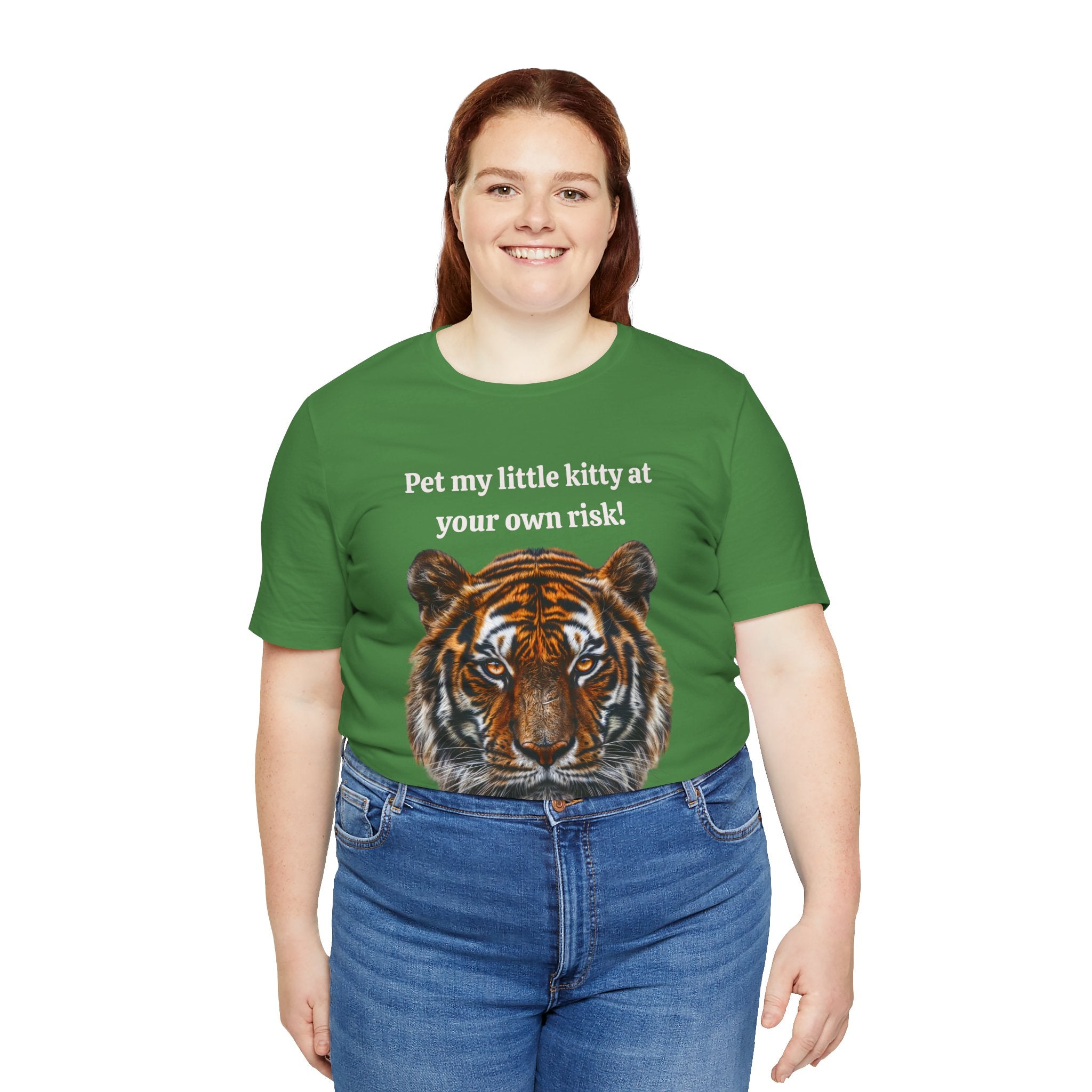 Unisex Jersey Short Sleeve Fun Tiger Print Tee: Pet my little kitty at your own risk - Angel Body