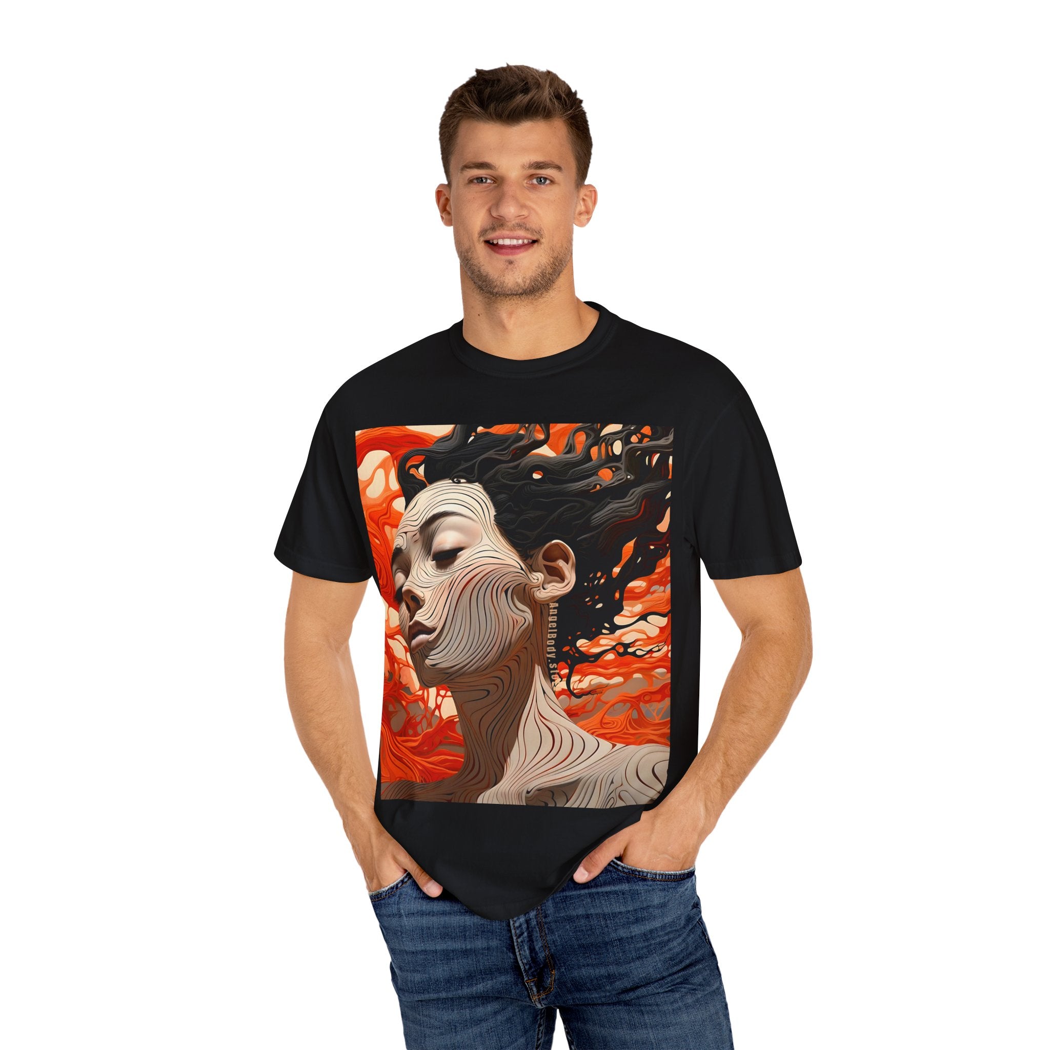 Artistic Unisex Garment-Dyed T-Shirt with Abstract female face Profile Design - Angel Body