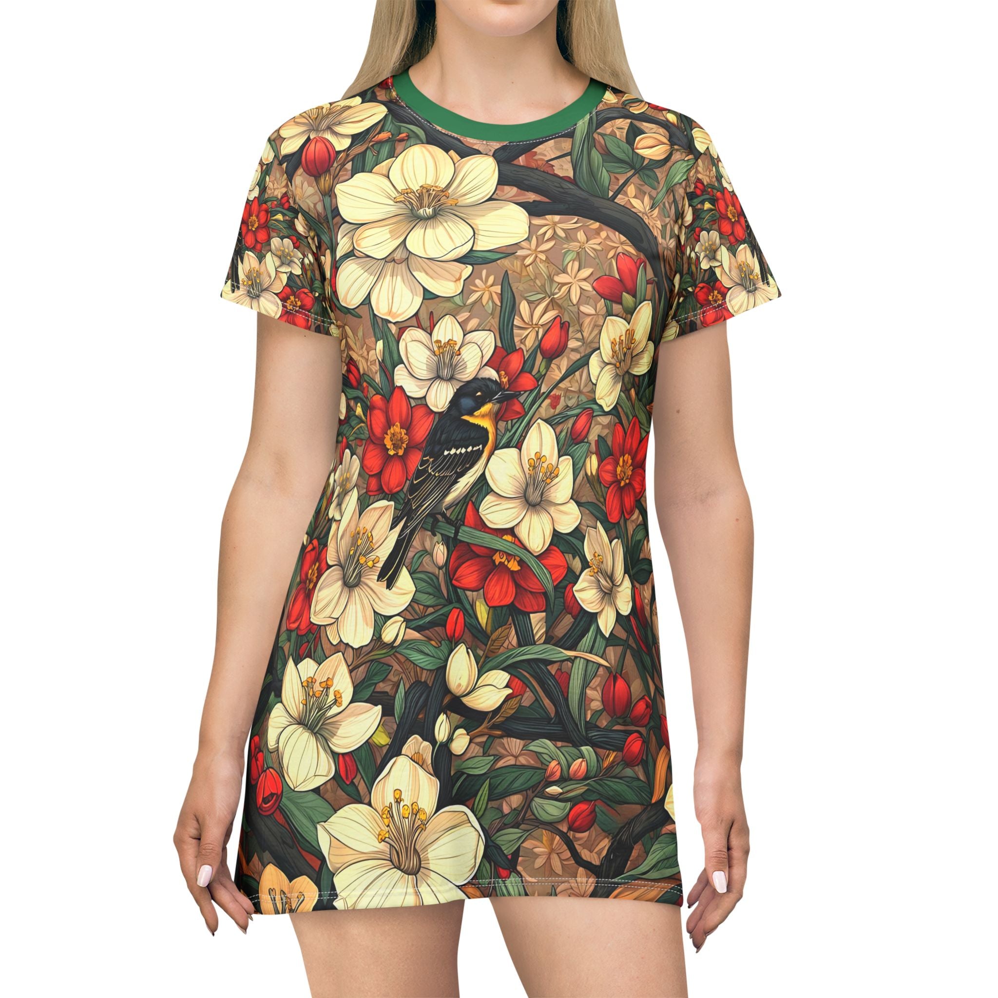 Boho Floral T-Shirt Dress with Bird Design - Angel Body
