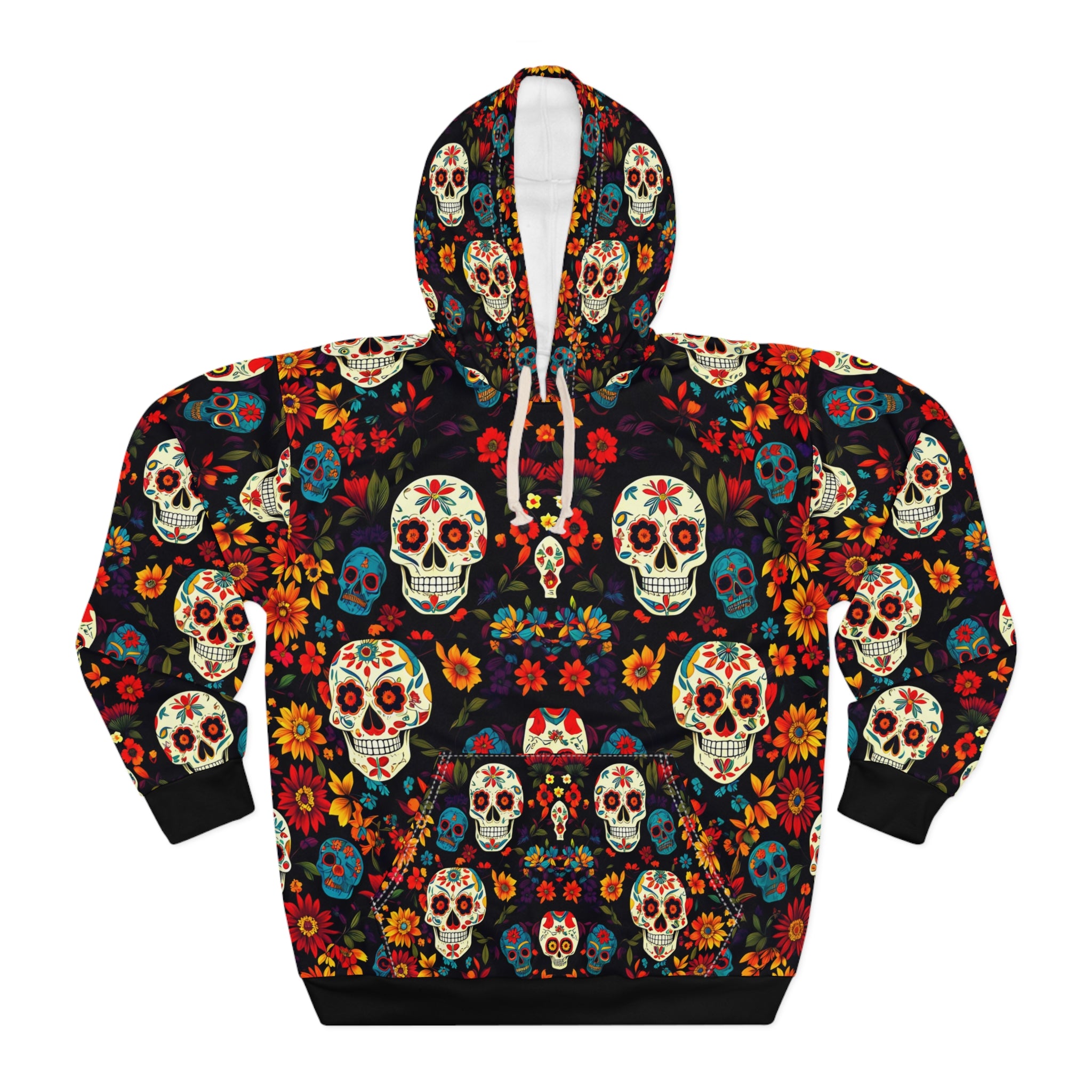 Day of the Dead Floral Skull Hoodie - Unisex Pullover Sweater for Celebration - Angel Body