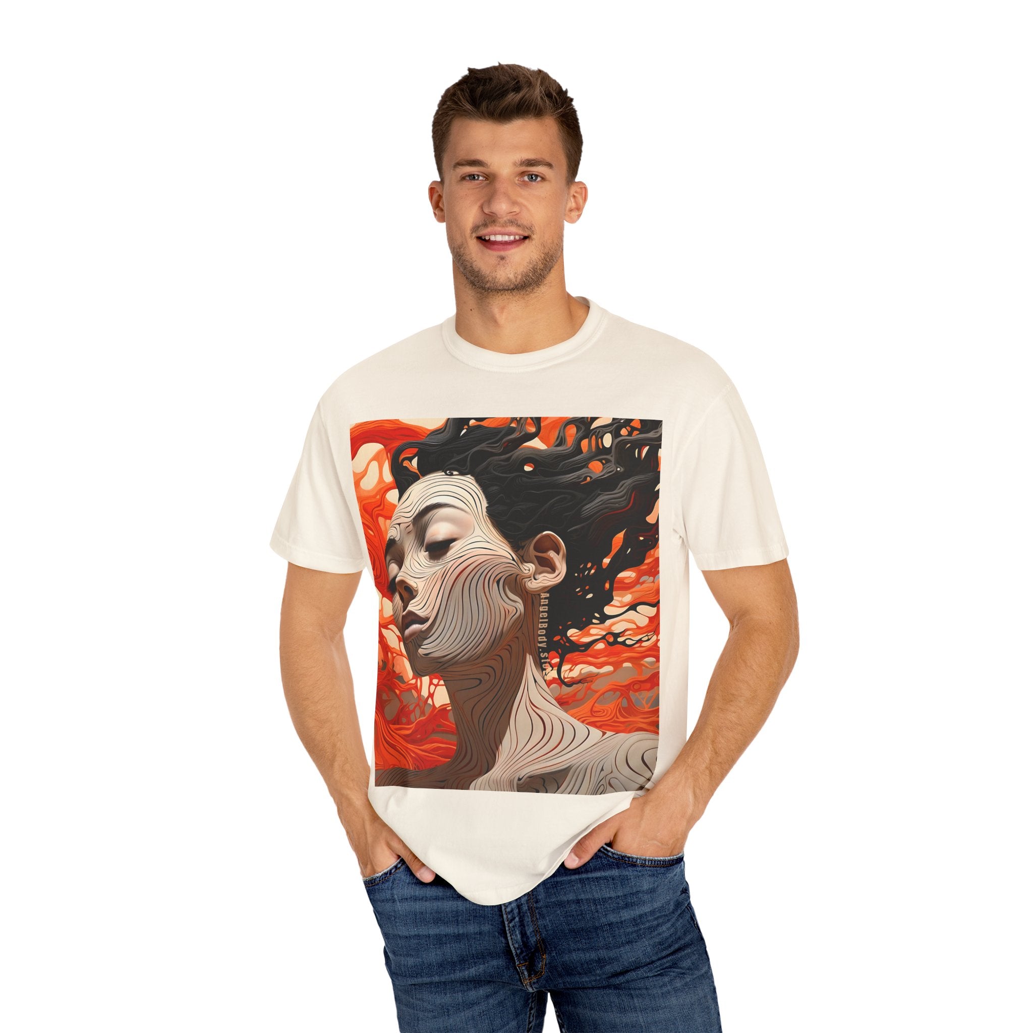 Artistic Unisex Garment-Dyed T-Shirt with Abstract female face Profile Design - Angel Body