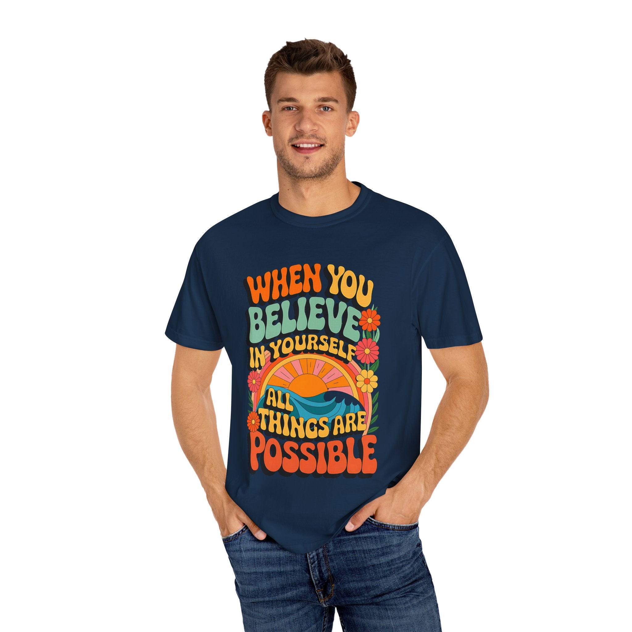 Motivational Unisex Garment-Dyed T-Shirt - 'Believe in Yourself' Design - Angel Body