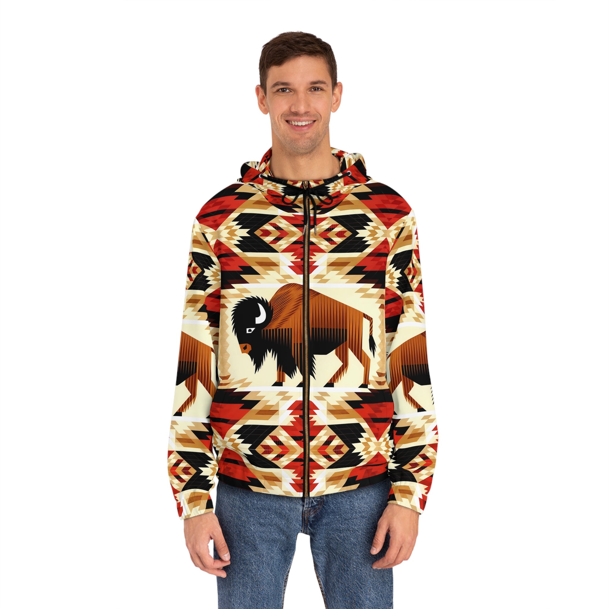 Men's Full-Zip Buffalo Print Hoodie - Southwestern Style - Angel Body