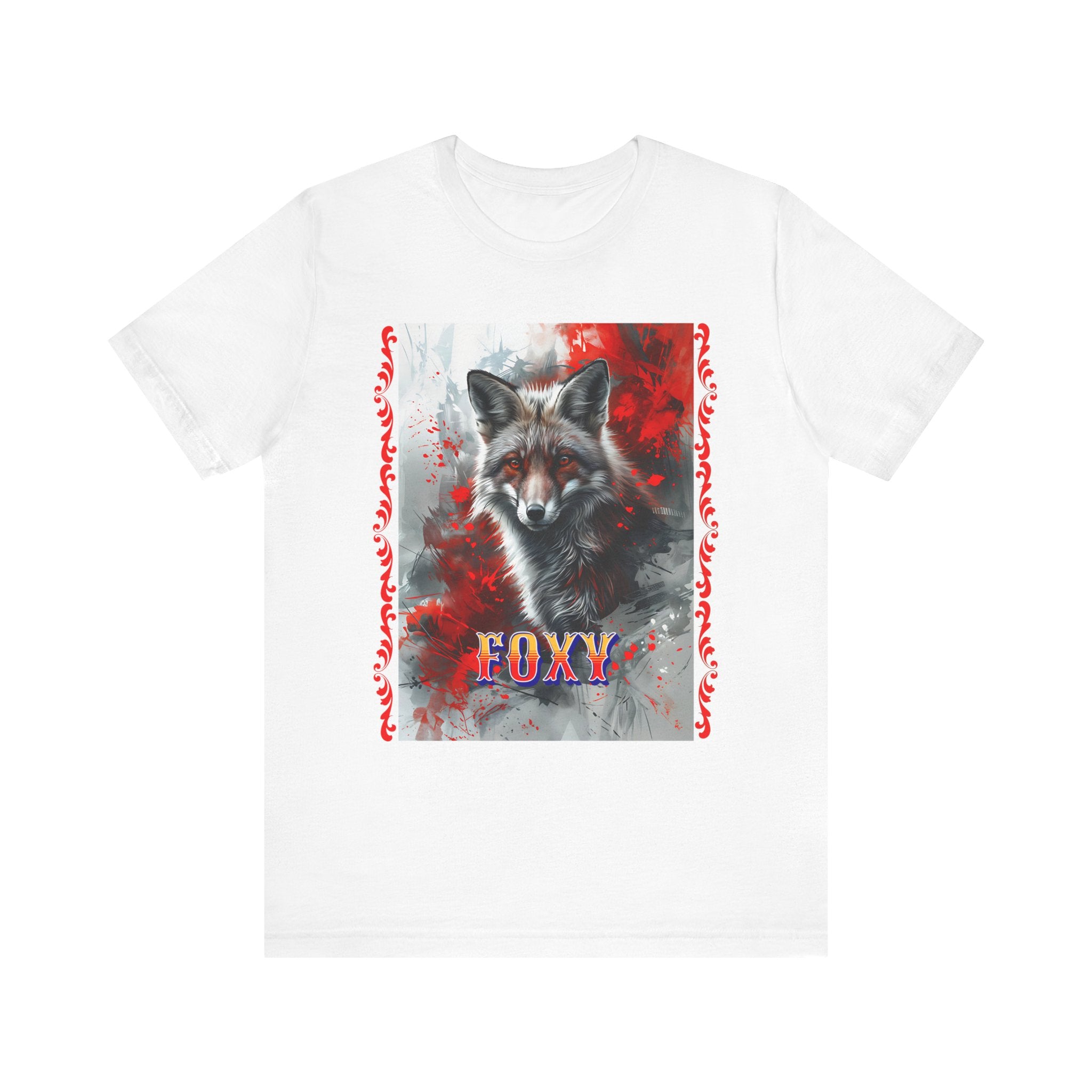Unisex Jersey Short Sleeve Tee: A lovely painting design of a Red Fox with the word FOXY - Angel Body