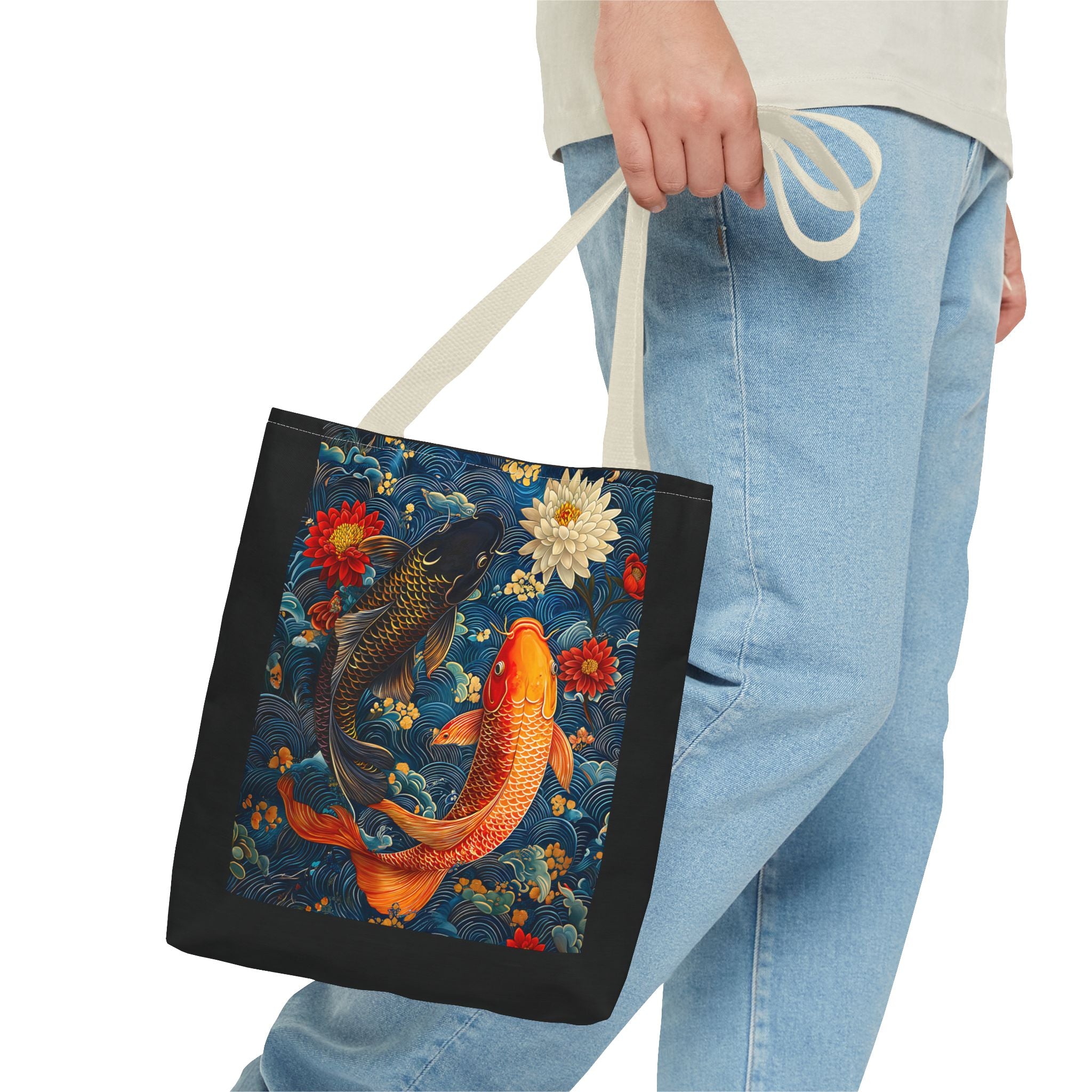 Elegant Koi Fish Tote Bag - Bright Blue Floral Design - Angel Body