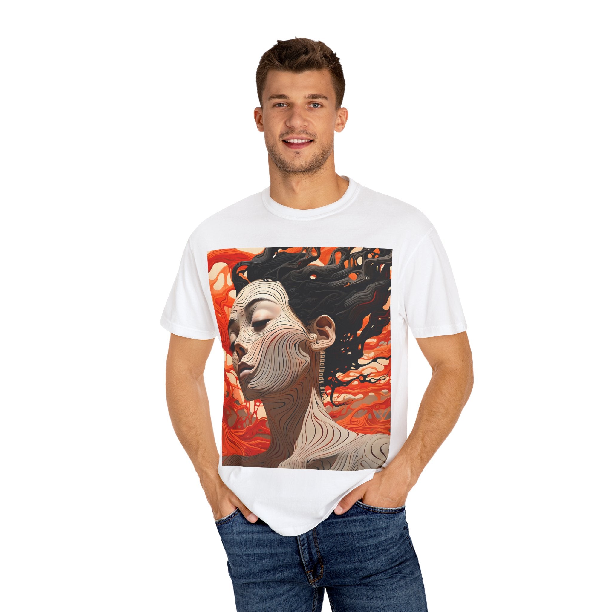Artistic Unisex Garment-Dyed T-Shirt with Abstract female face Profile Design - Angel Body