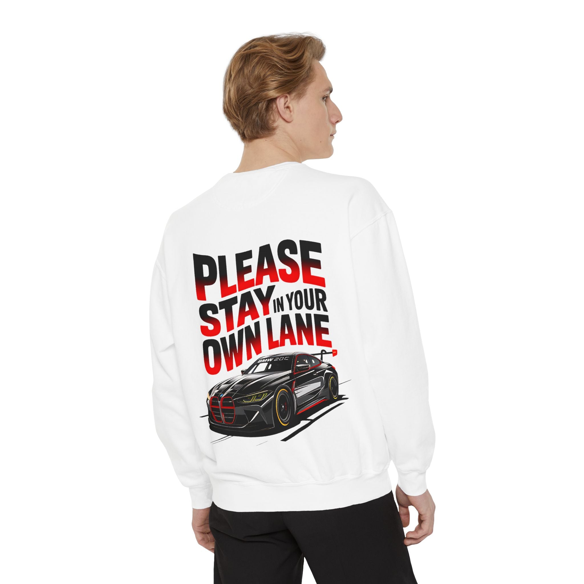 Unisex Garment-Dyed Sweatshirt - 'Please Stay In Your Own Lane' Racing Design - Angel Body