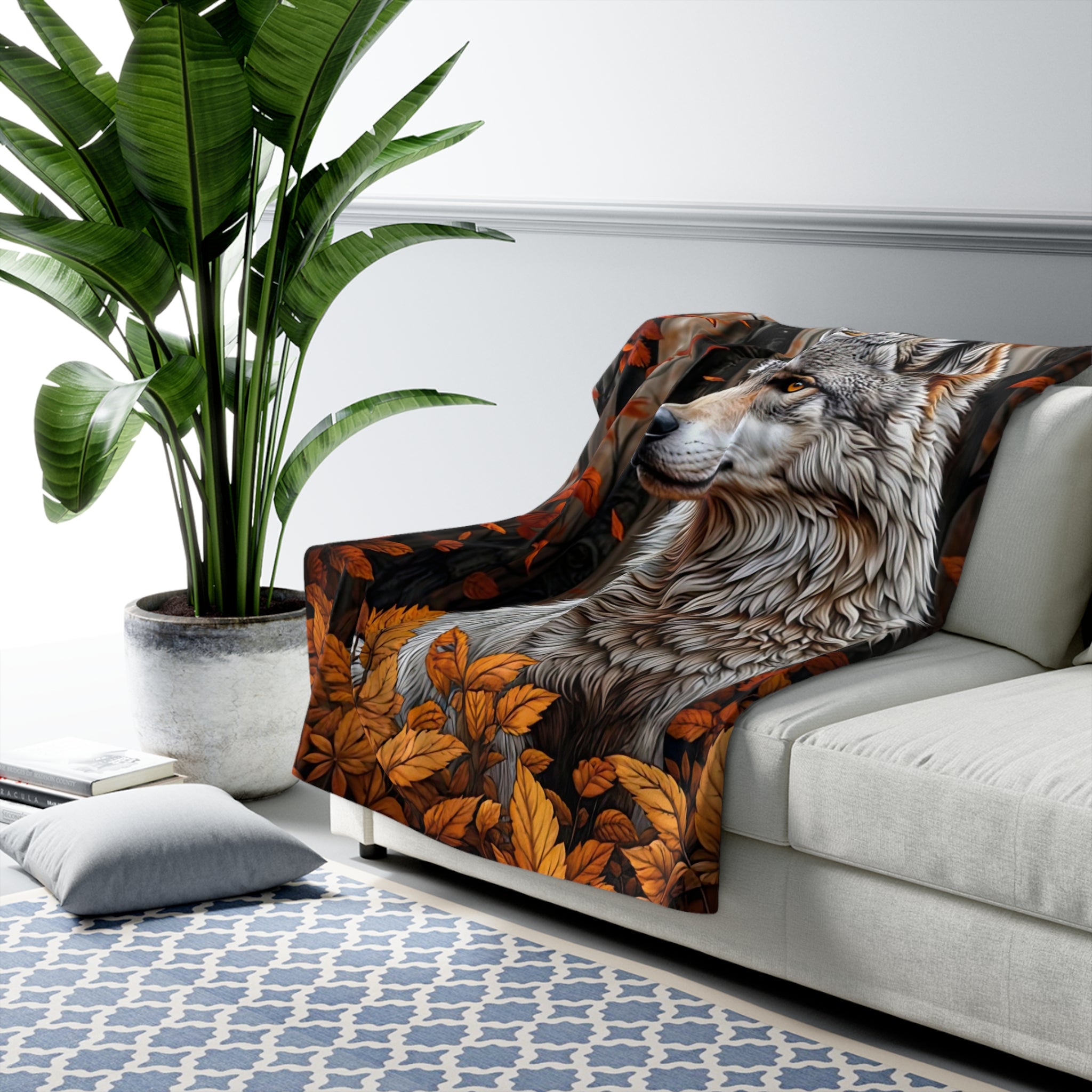 Cozy Wilderness Sherpa Fleece Blanket - Autumn Leaves & Wolf Design - Angel Body