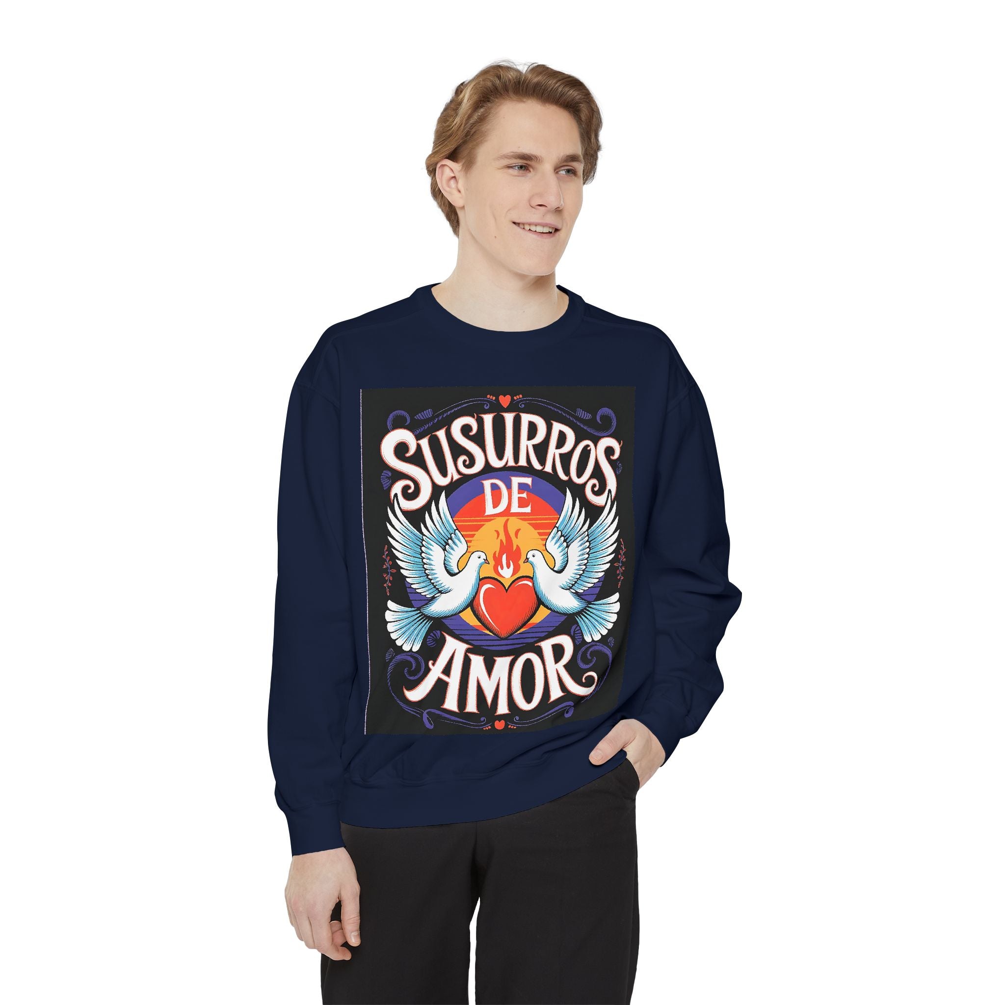 Unisex Love-Themed Garment-Dyed Sweatshirt - 'Susurros de Amor' - Angel Body