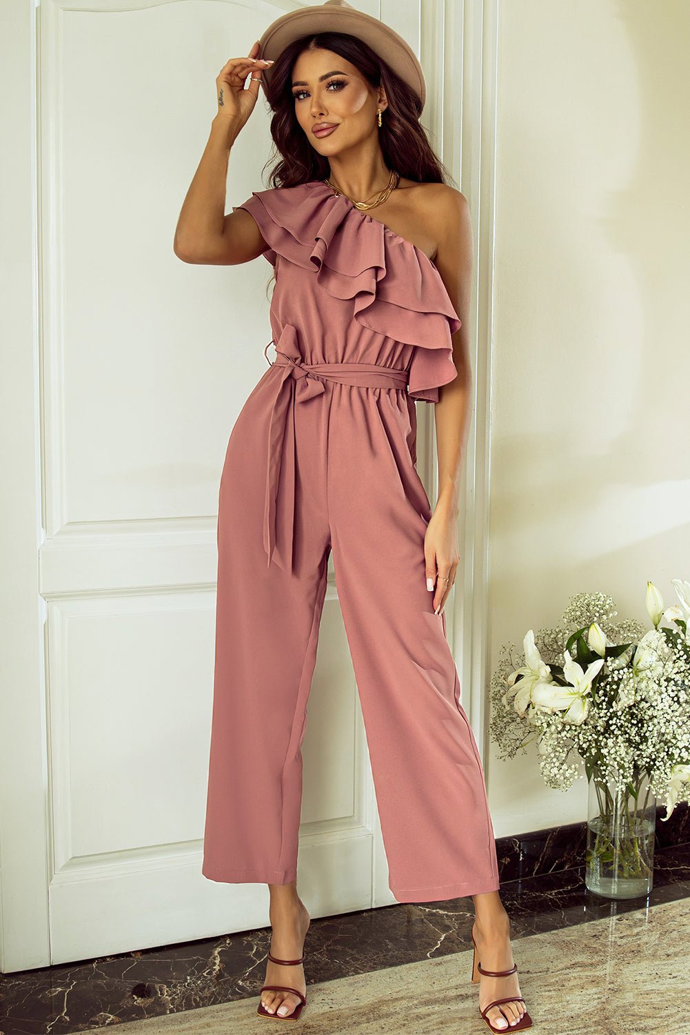 Ruffled Tied One - Shoulder Jumpsuit - Angel Body