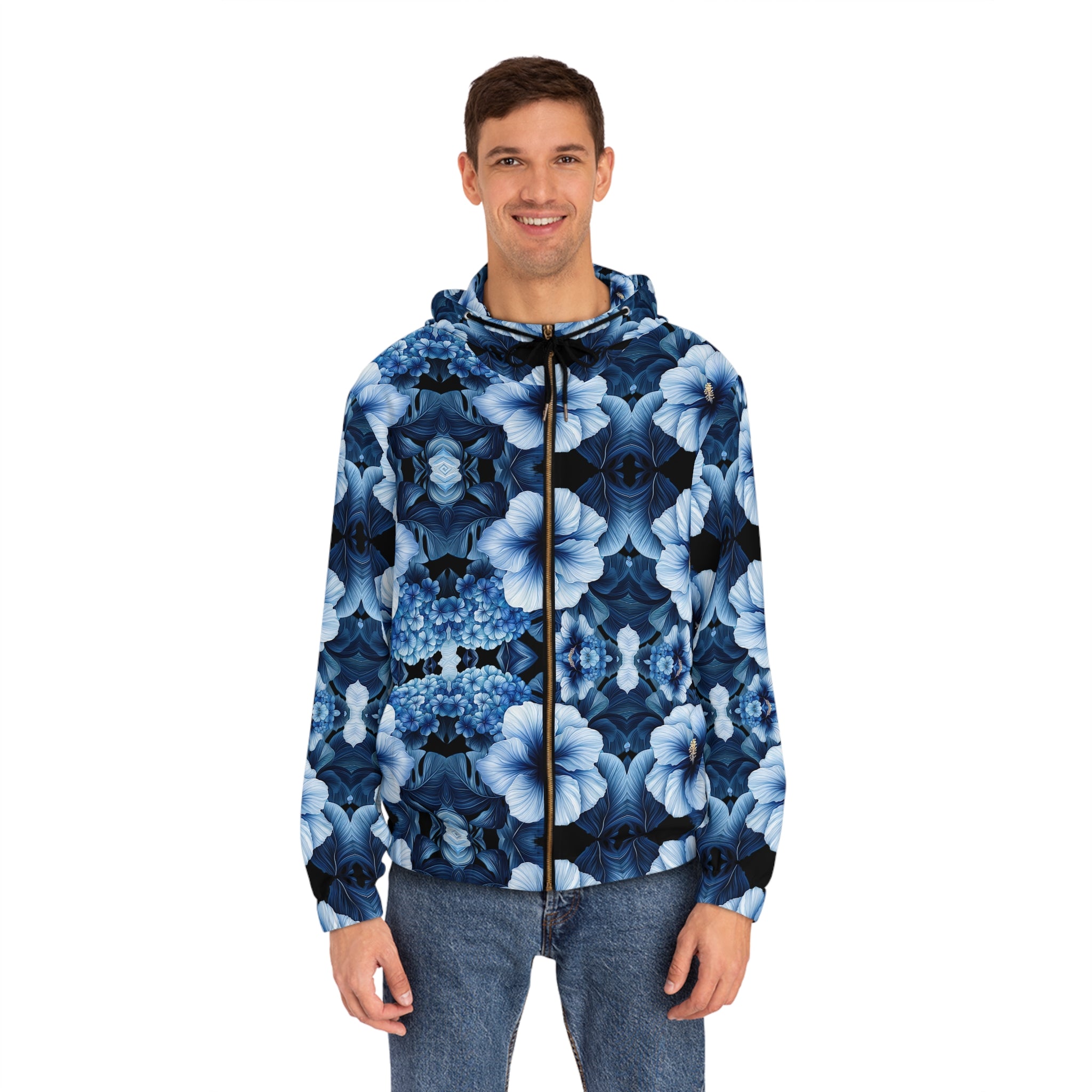Blue Floral Men's Full-Zip Hoodie - Cozy and Stylish for Every Occasion