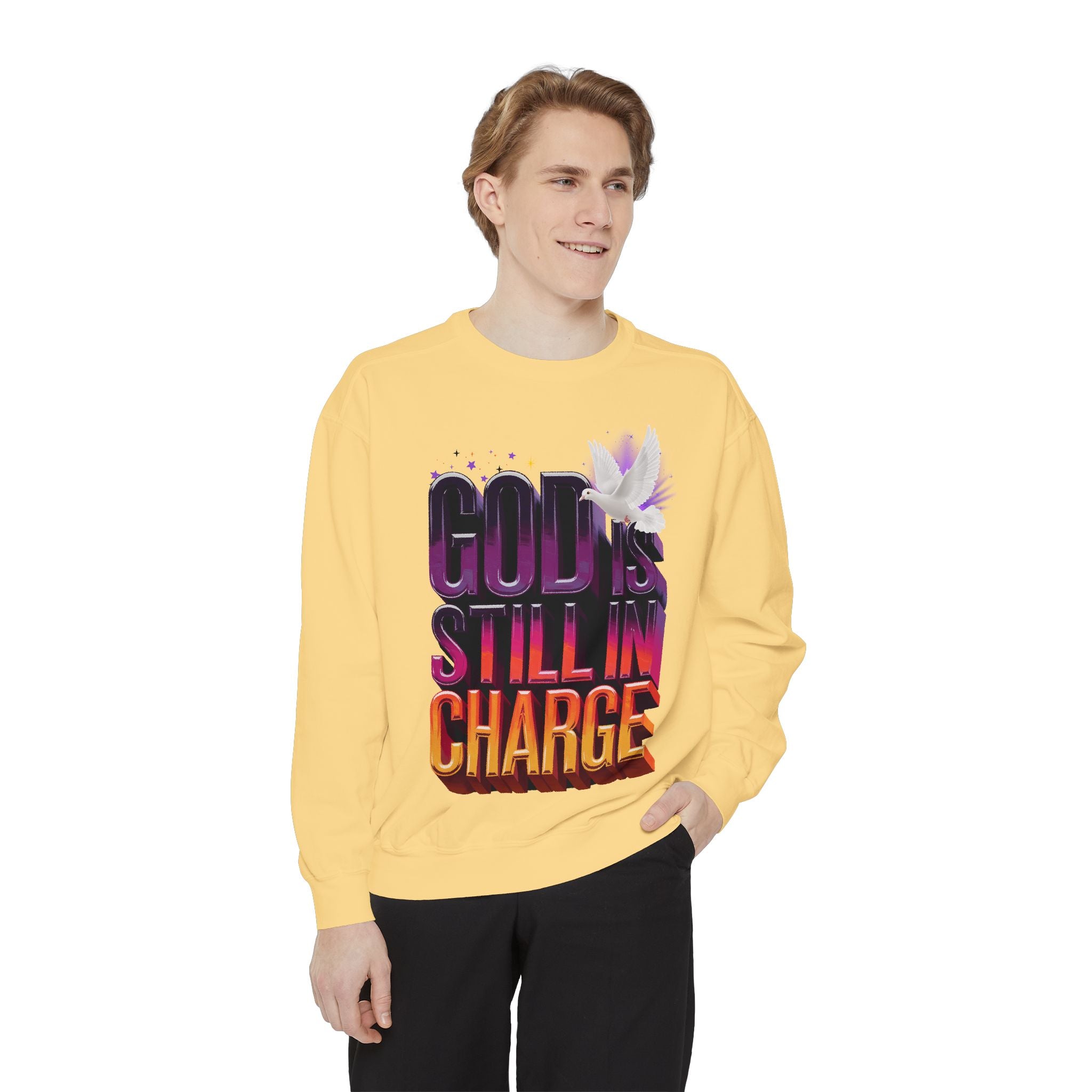Unisex Garment-Dyed Sweatshirt - "God is Still in Charge" Inspirational Pullover - Angel Body