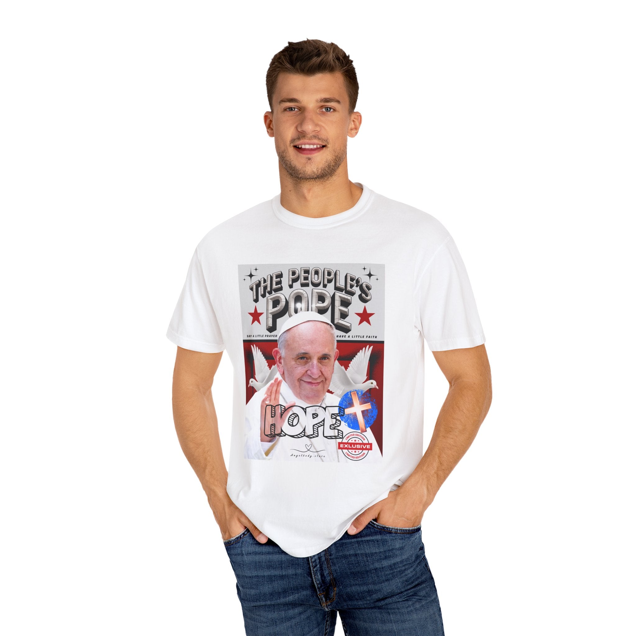Hope-Filled Unisex Garment-Dyed T-Shirt featuring Pope Francis - Angel Body