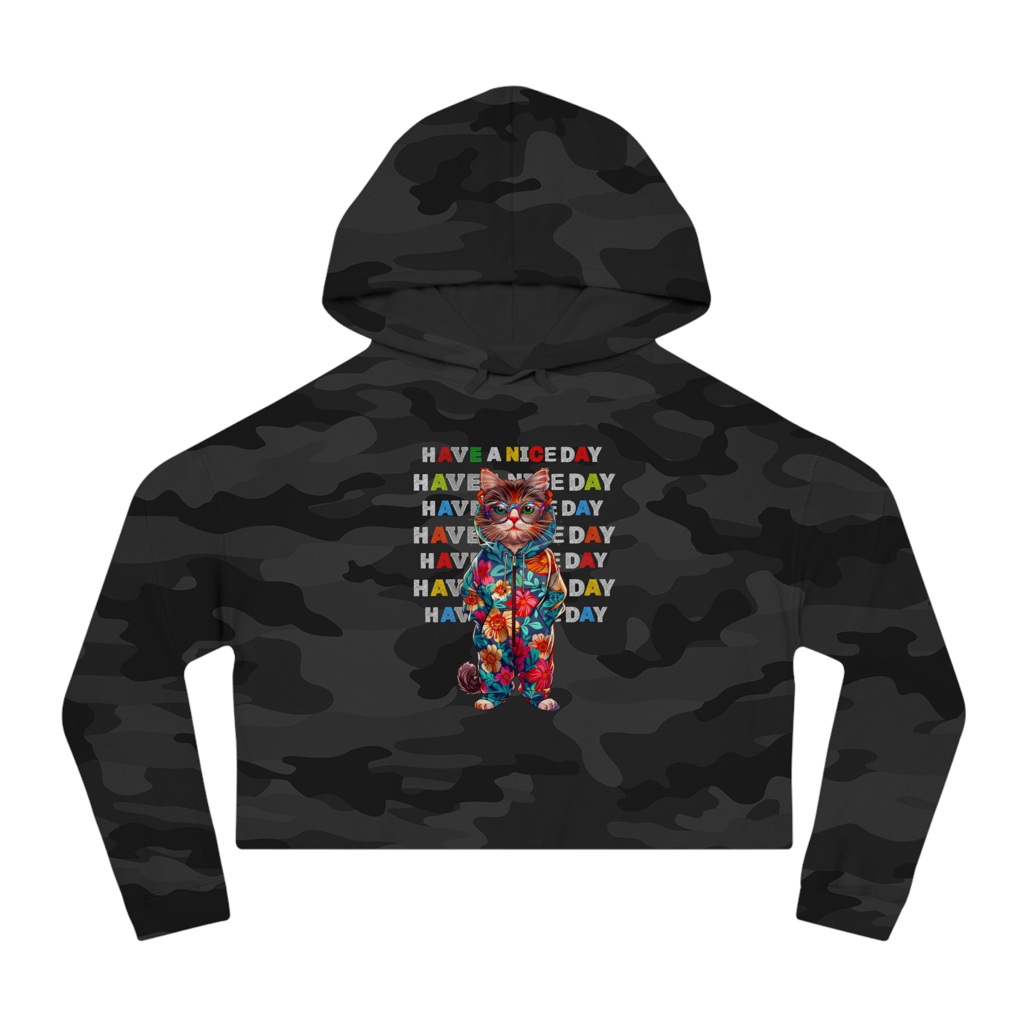 Floral Cat Women’s Cropped Hoodie - 'Have a Nice Day' Tie-Dye Sweatshirt - Angel Body