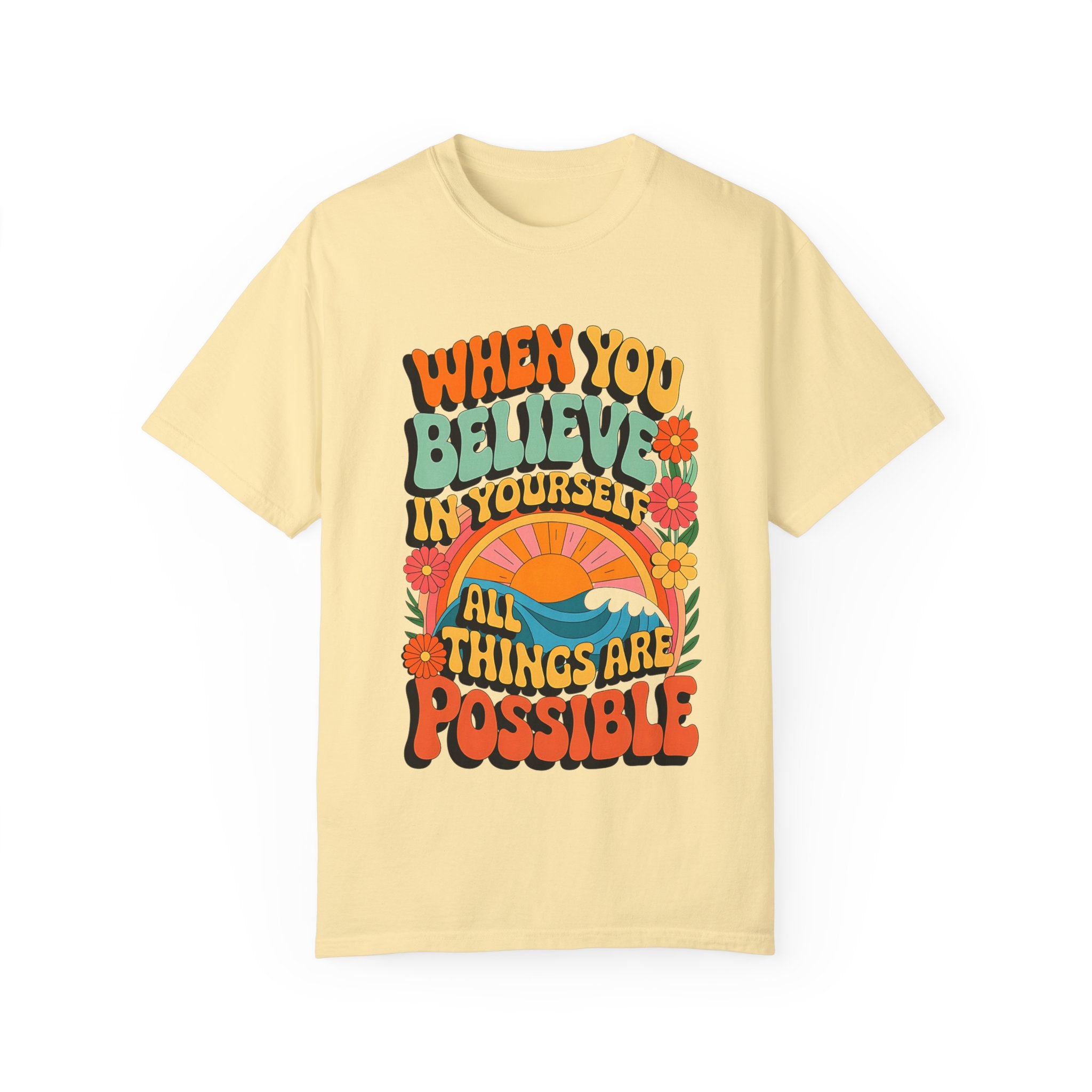 Motivational Unisex Garment-Dyed T-Shirt - 'Believe in Yourself' Design - Angel Body