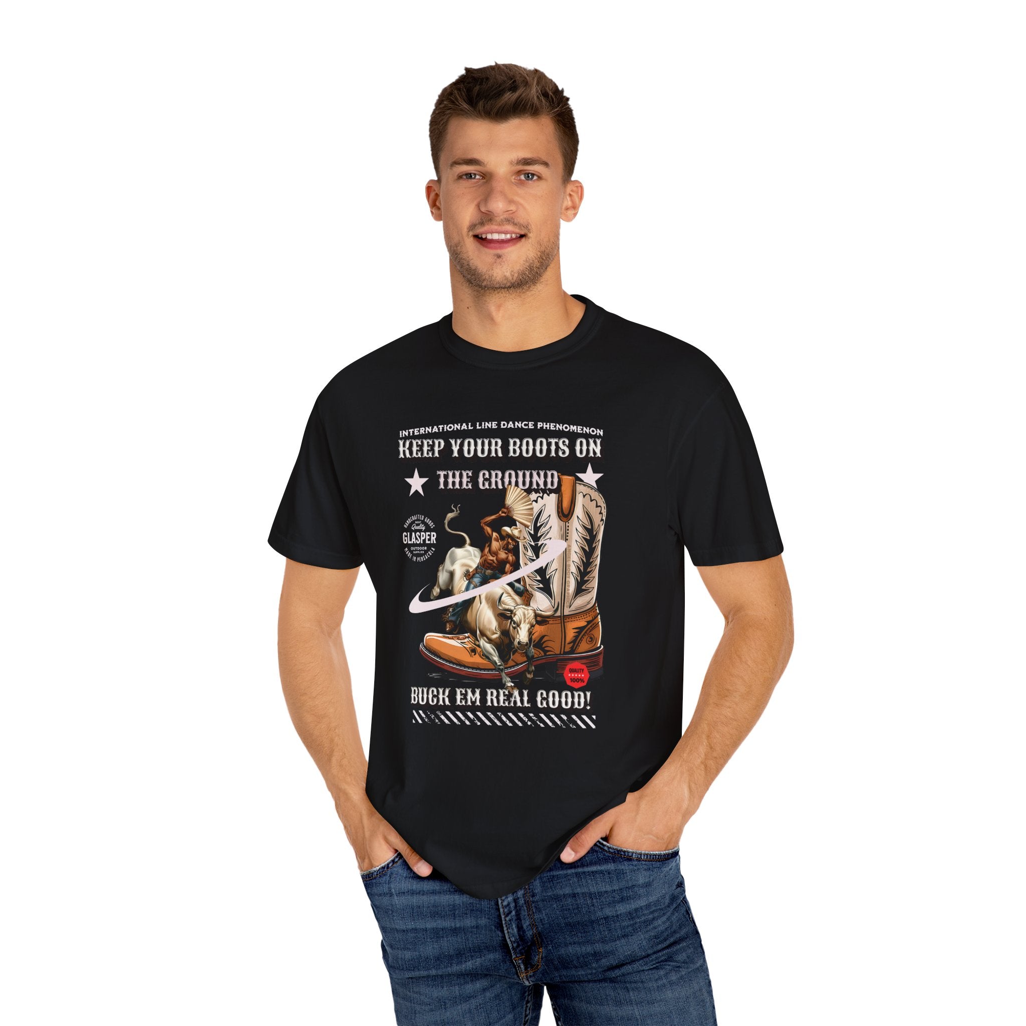 Line Dance Boots Unisex T-Shirt - ‘Keep Your Boots On’ Design - Angel Body