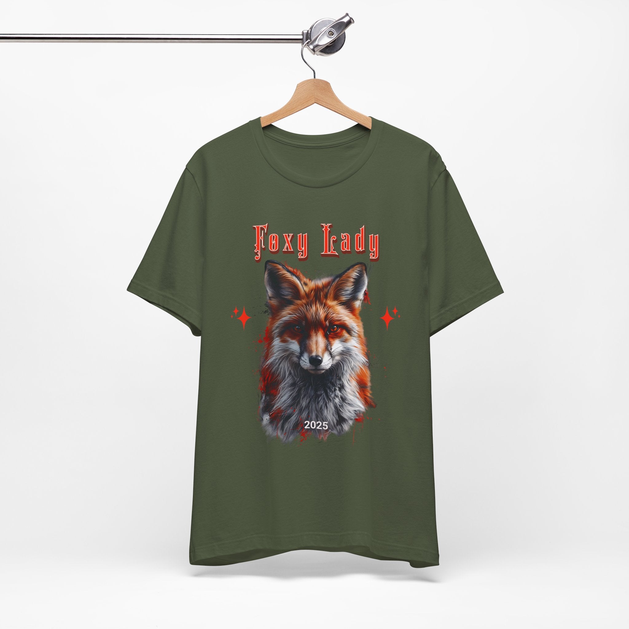 Unisex Jersey Short Sleeve Tee: A beautiful Red Fox with the words foxy lady - Angel Body