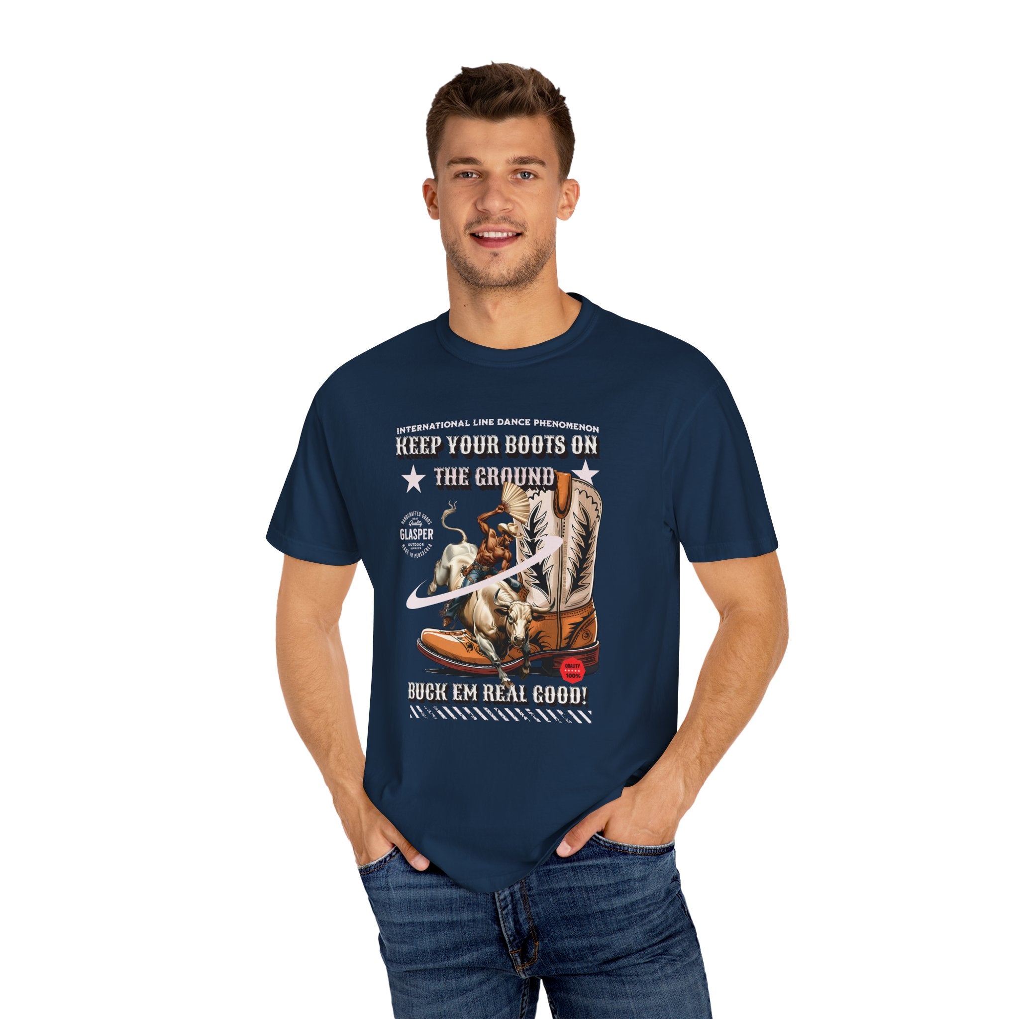 Line Dance Boots Unisex T-Shirt - ‘Keep Your Boots On’ Design - Angel Body