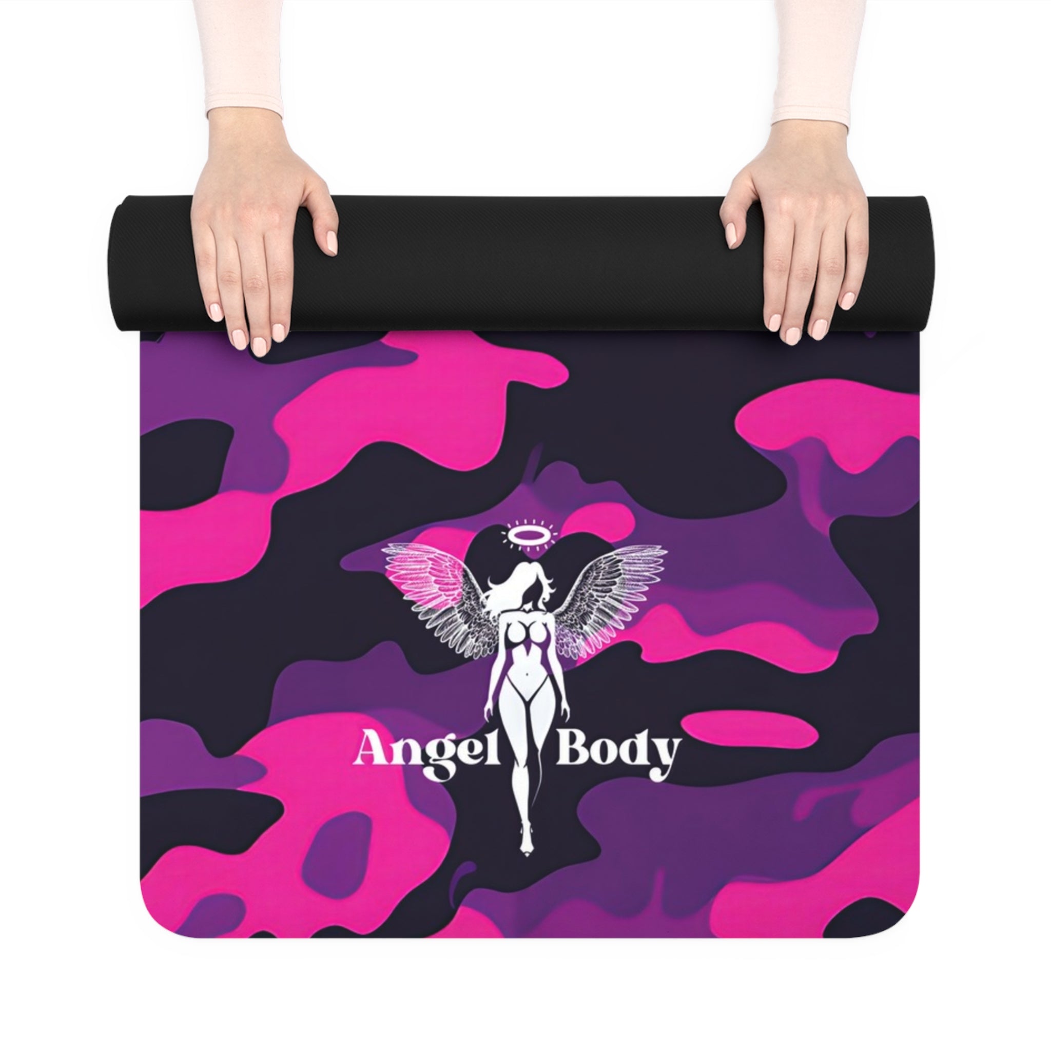 Vibrant Rubber Yoga Mat - Very Stylish Pink Camo Design for Fitness Generously sized: 24" x 70" for ample space - Angel Body