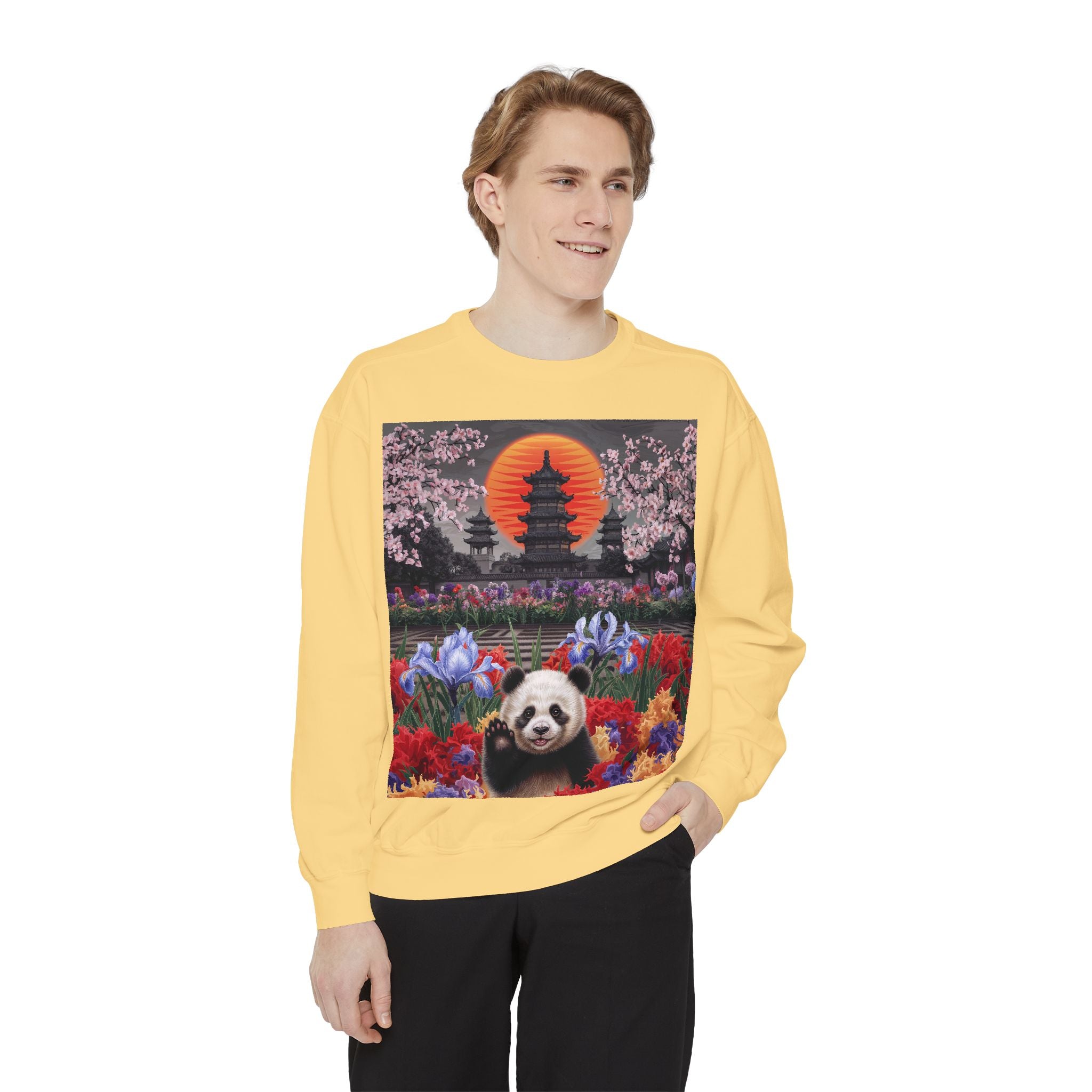 Cozy Panda Garden Sweatshirt - Unisex Garment-Dyed Apparel - Angel Body