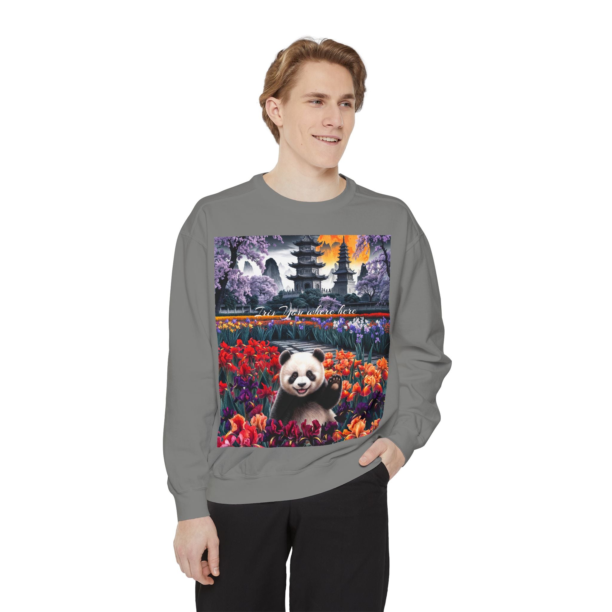Whimsical Panda Sweatshirt - Cozy Unisex Garment-Dyed Pullover with Floral Design - Angel Body