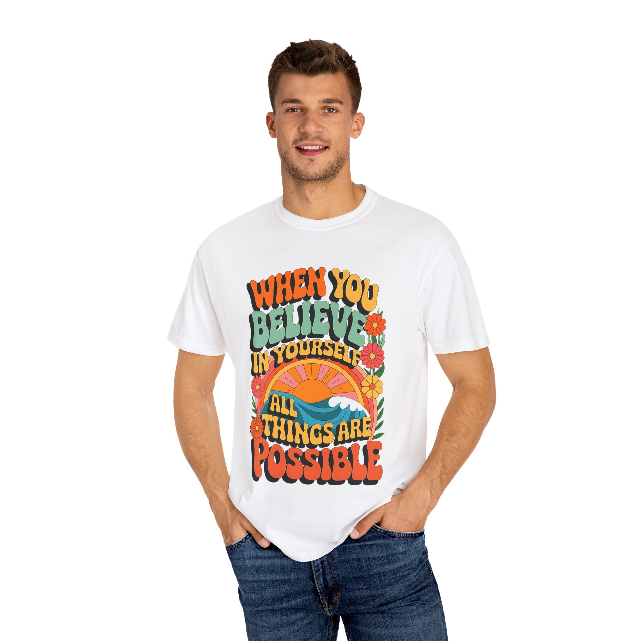 Motivational Unisex Garment-Dyed T-Shirt - 'Believe in Yourself' Design - Angel Body
