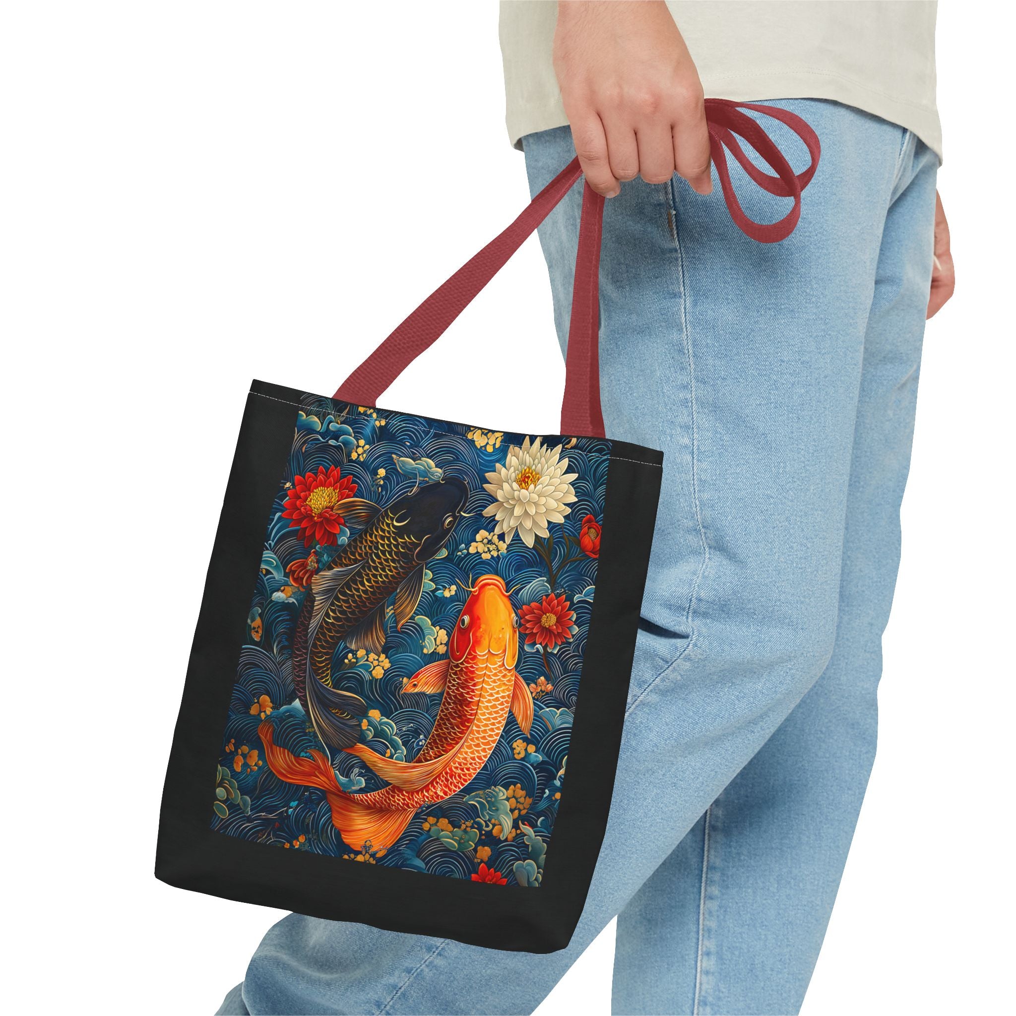 Elegant Koi Fish Tote Bag - Bright Blue Floral Design - Angel Body