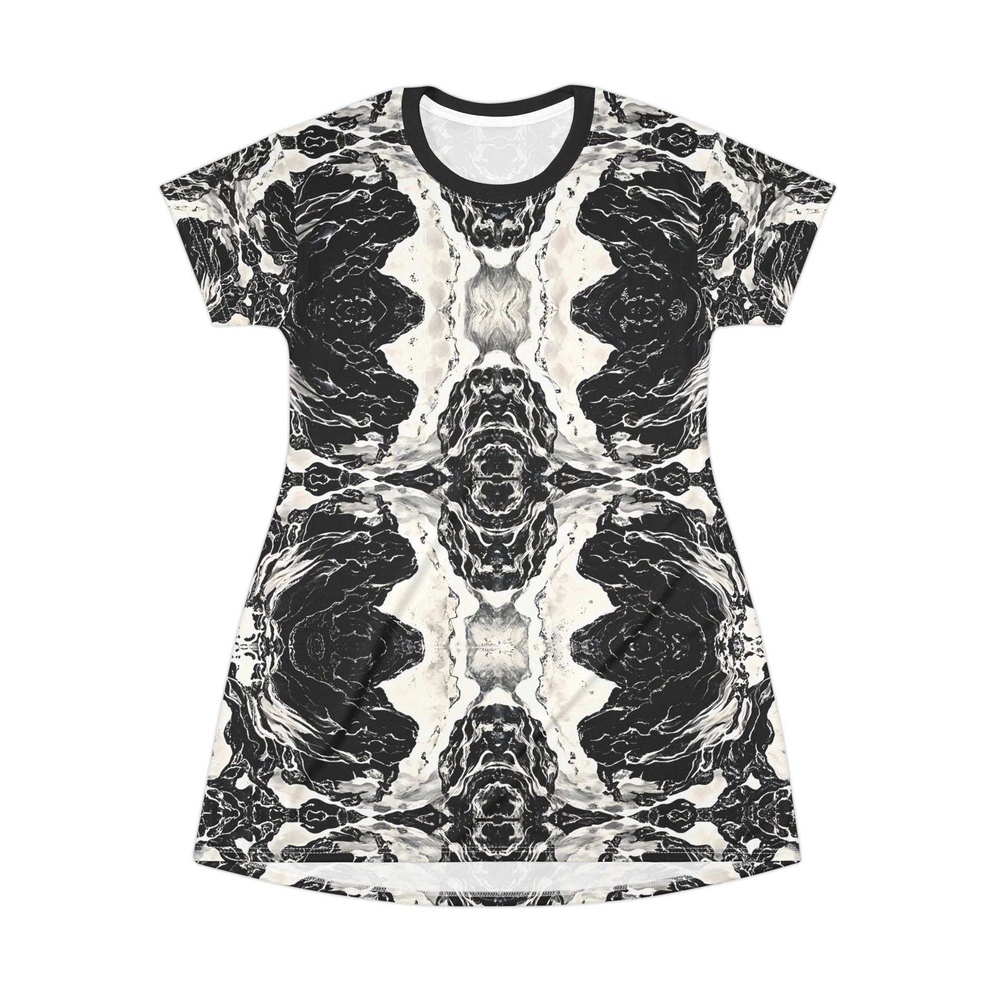 Woman Bohemian Floral T-Shirt Dress - Black & White Abstract Design for Summer Days - Angel Body